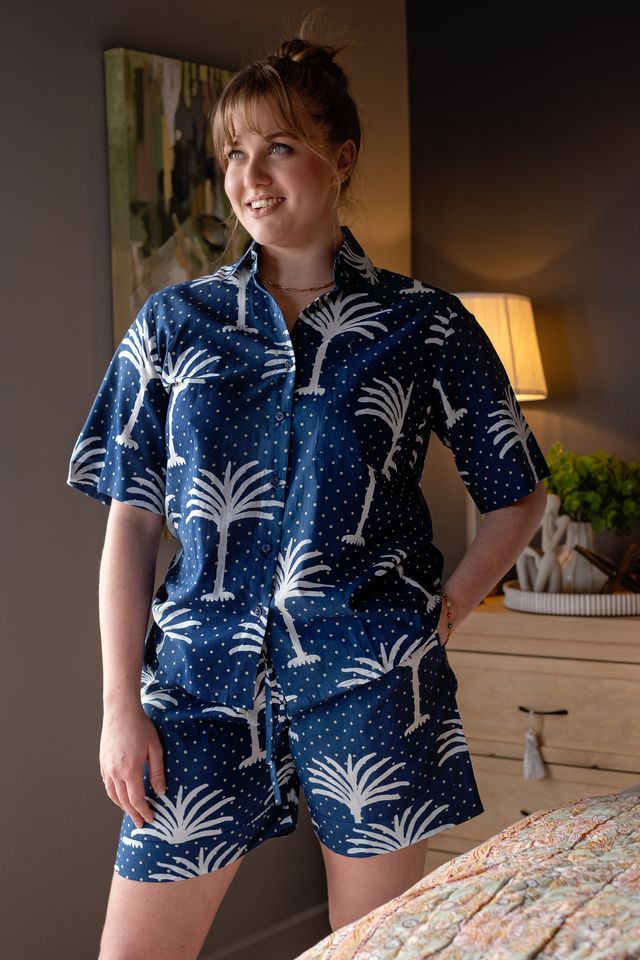 Short Sleeve Top & Pant | Navy Palms | 100% Indian Cotton