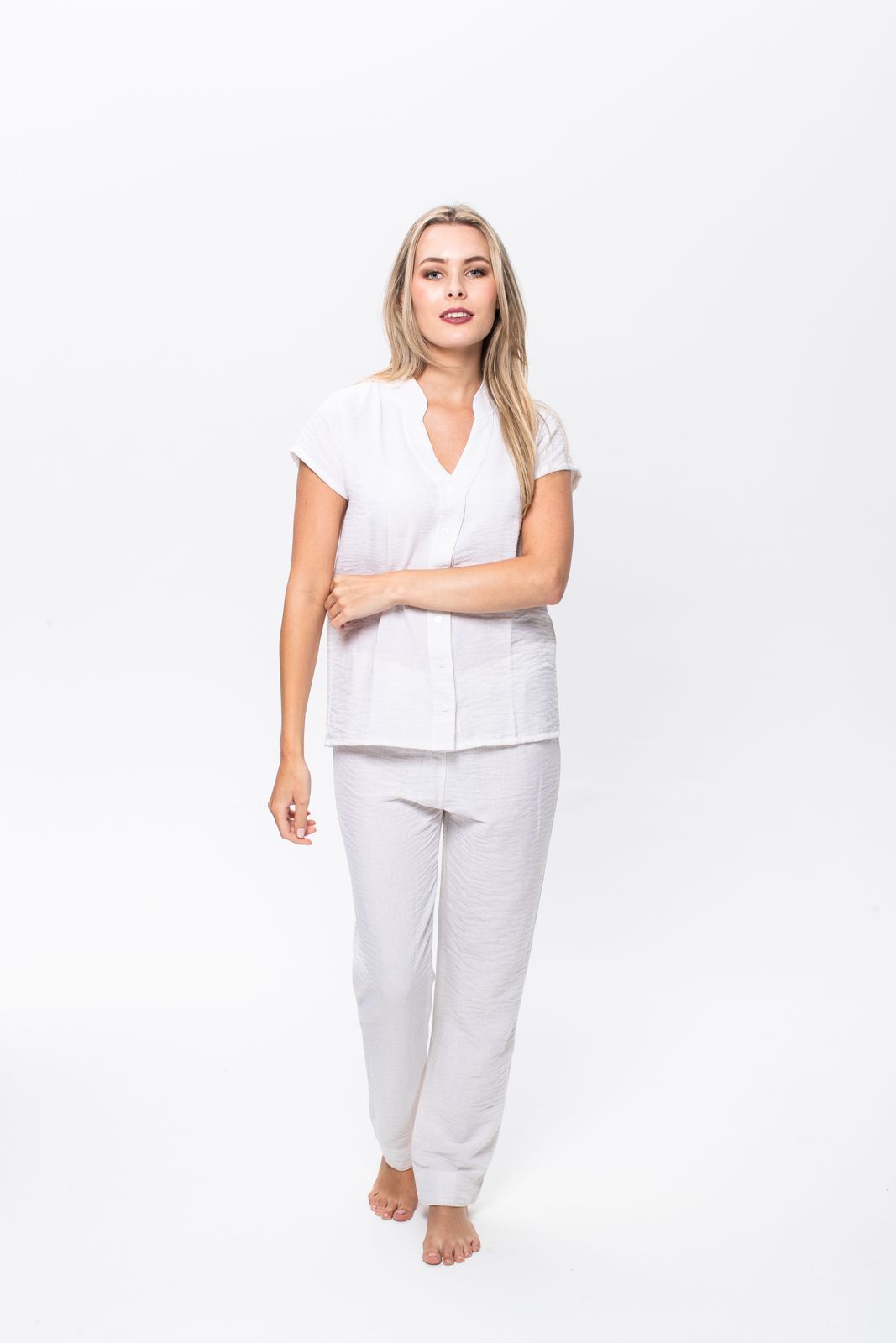 Short Sleeve Mandarin Top & Long Pant | Natural | Linen & Rayon Blend