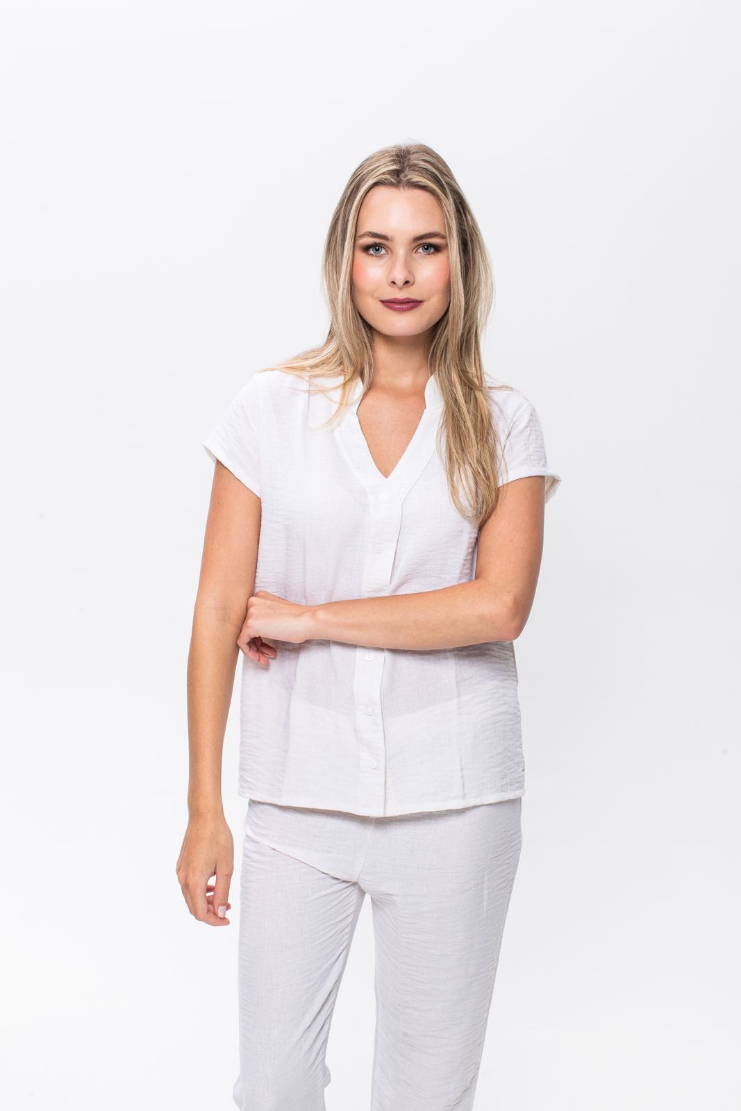 Short Sleeve Mandarin Top & Long Pant | Natural | Linen & Rayon Blend