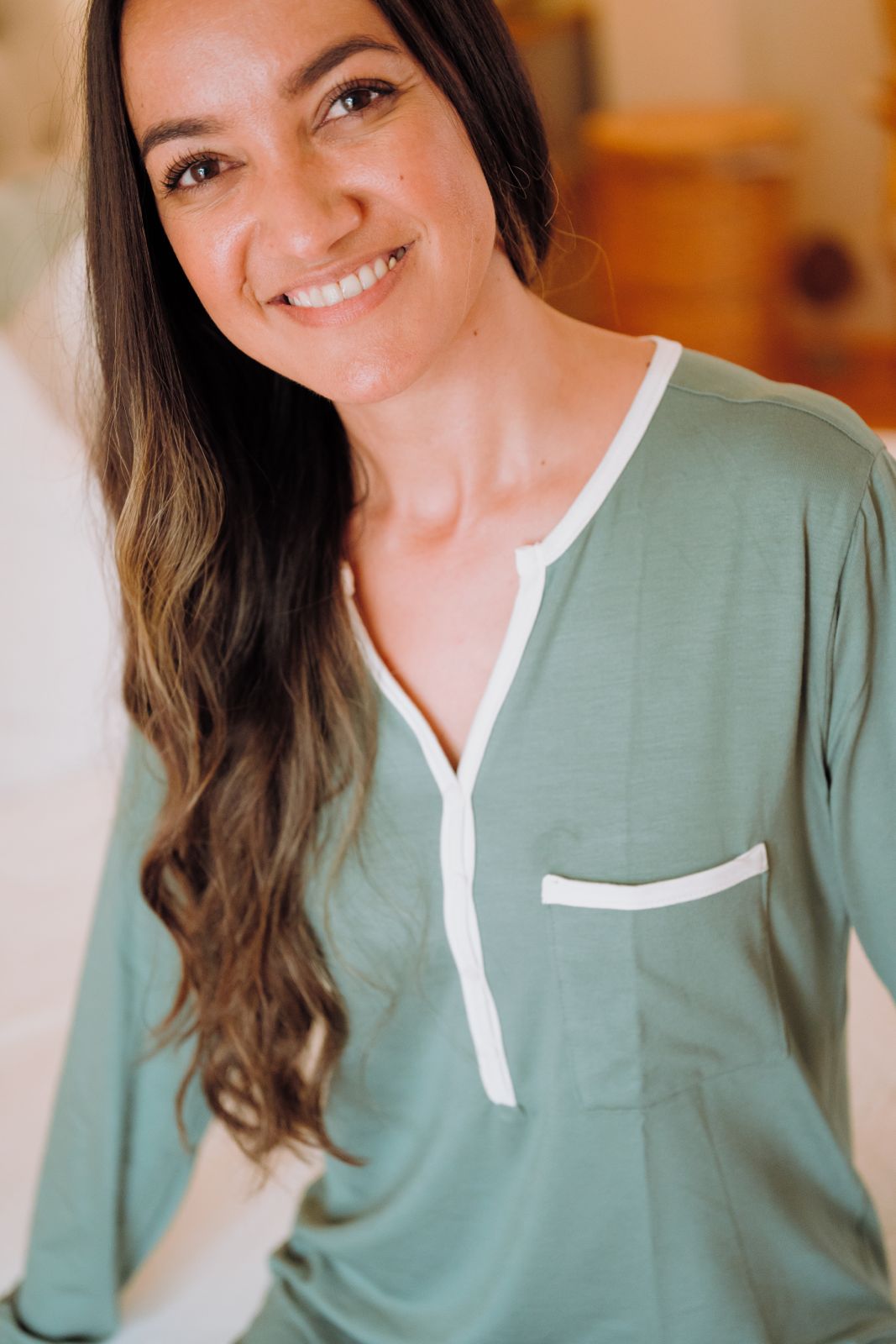 Long Sleeve Sleepshirt | Sage with Contrast Trim | 96% Rayon Knit & 4% Spandex