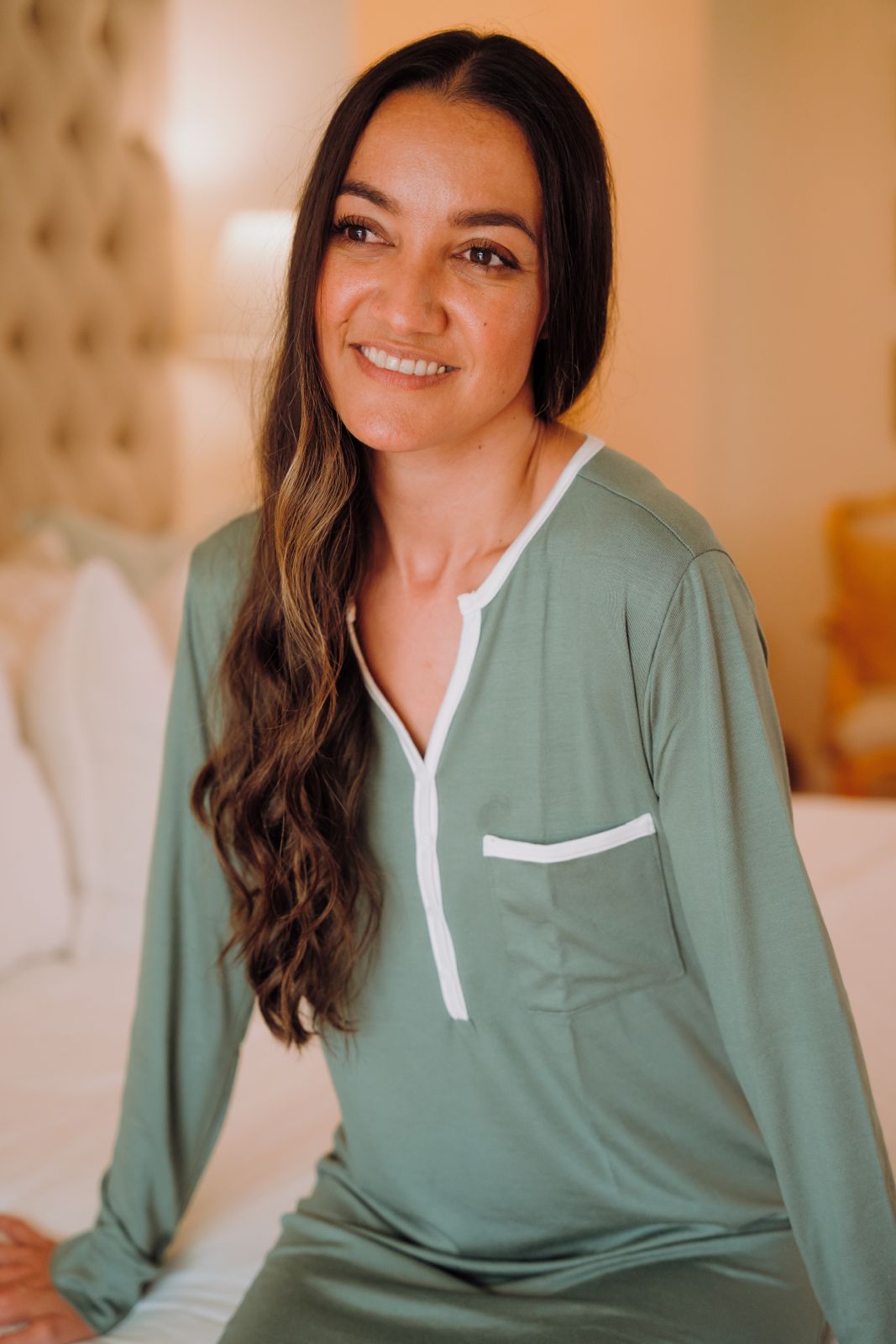 Long Sleeve Sleepshirt | Sage with Contrast Trim | 96% Rayon Knit & 4% Spandex