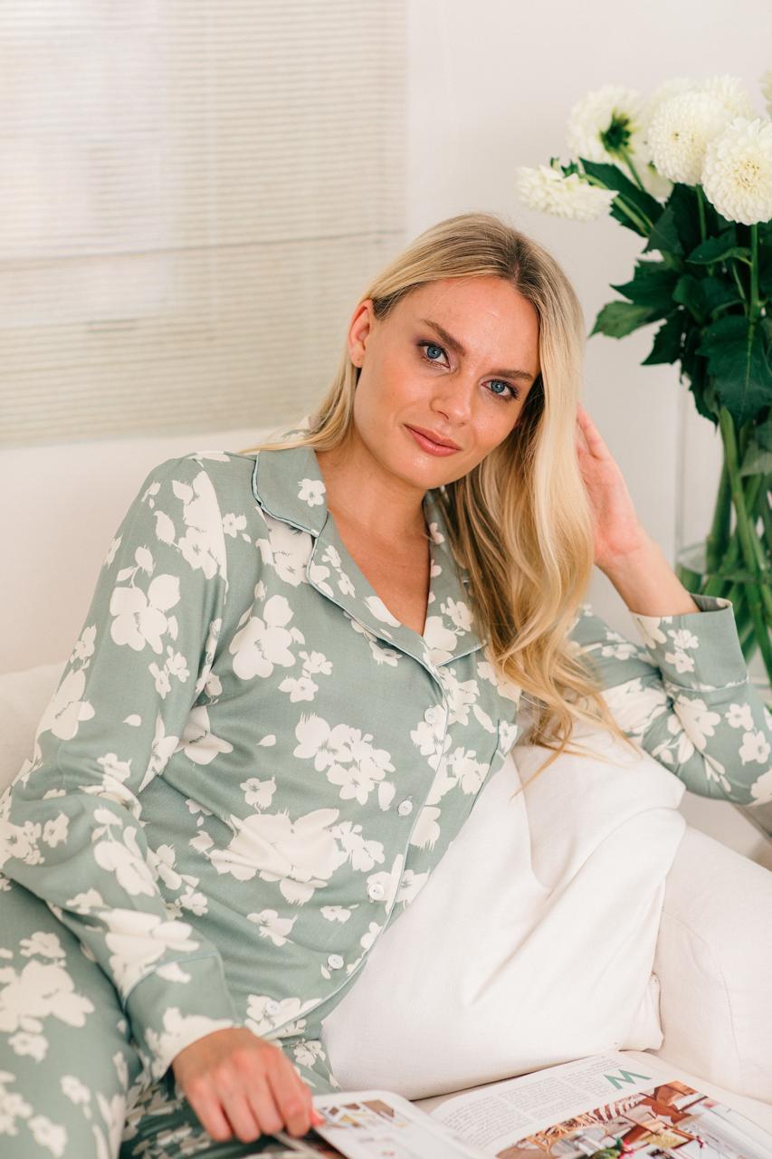 Long Sleeve Top and Long Pant | Sage with Ivory Floral | 100% Rayon