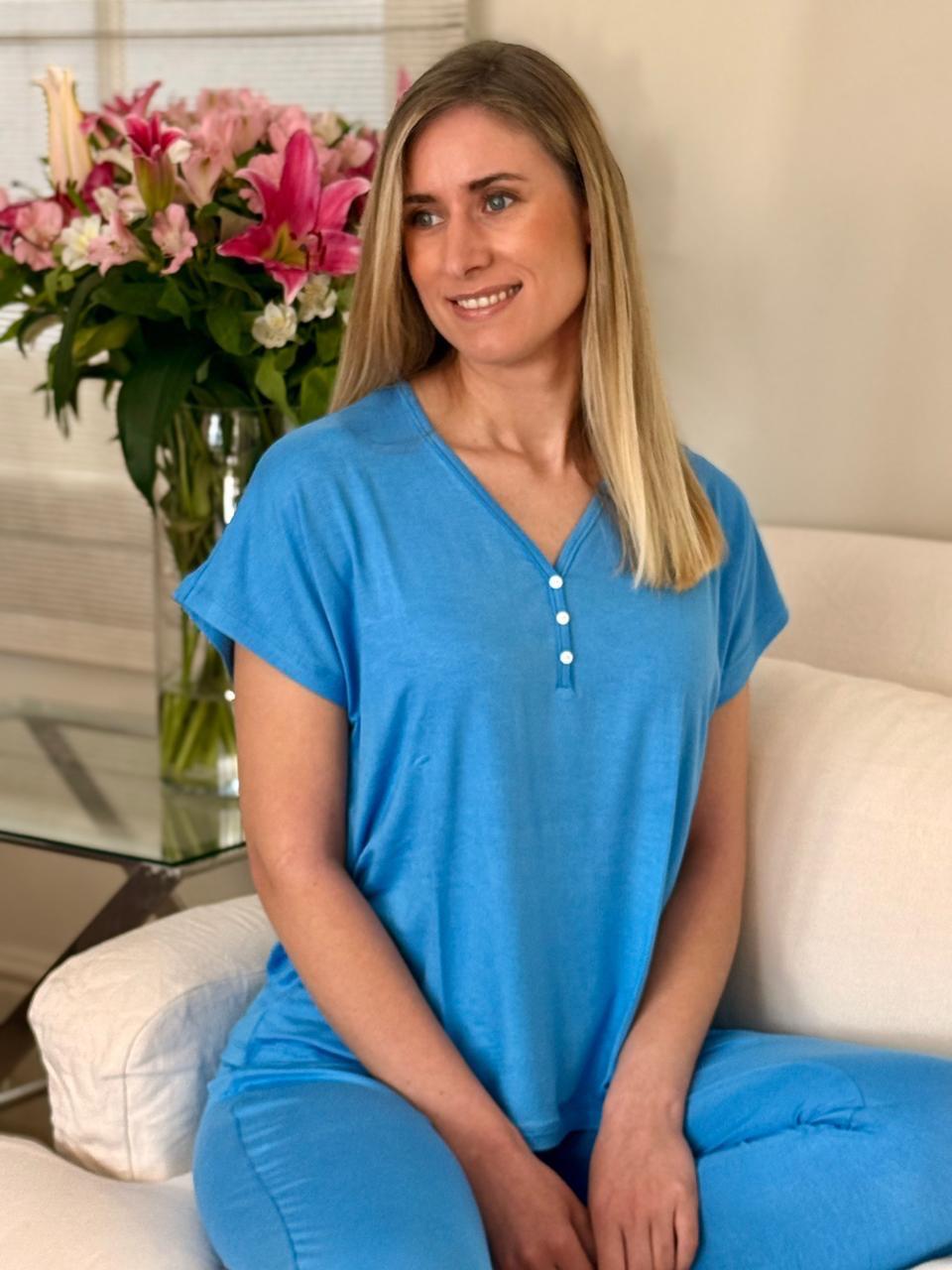 Short Sleeve Top with Cuffed Pant | Sea Blue Loungewear | 96% Rayon Knit & 4% Spandex