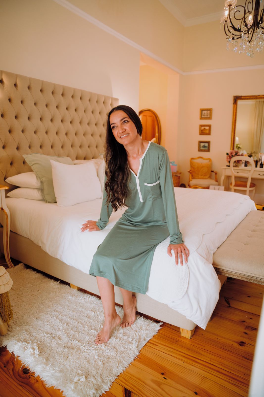 Long Sleeve Sleepshirt | Sage with Contrast Trim | 96% Rayon Knit & 4% Spandex