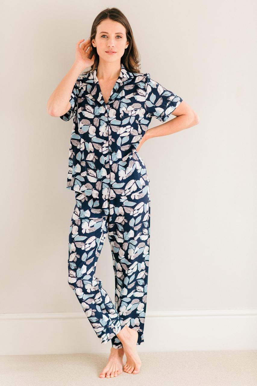 Short Sleeve Top and Ankle Length Pant | Navy Leaf | 100% Rayon