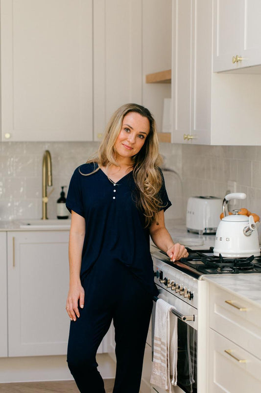 Short Sleeve Top and Cropped Pant | Navy Loungewear | 96% Rayon qKnit & 4% Spandex