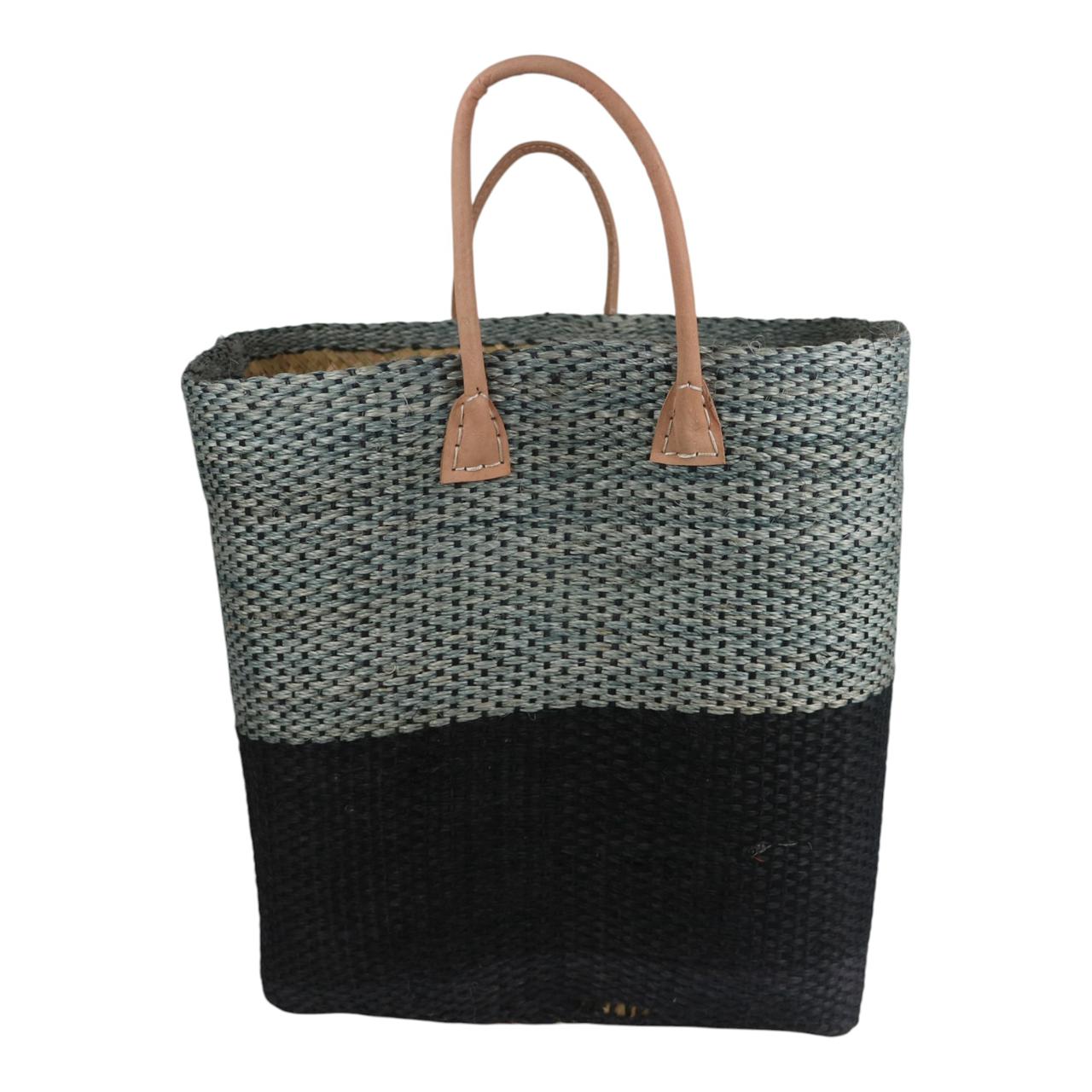 Sisal Bag With Leather Handles | Black and Nat