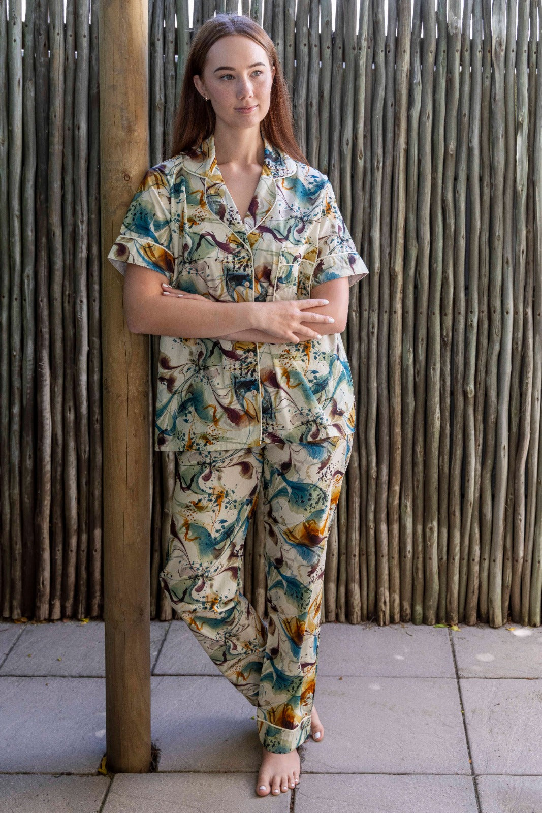 Short Sleeve Top and Long Pant | Teal Crème | 100% Cotton