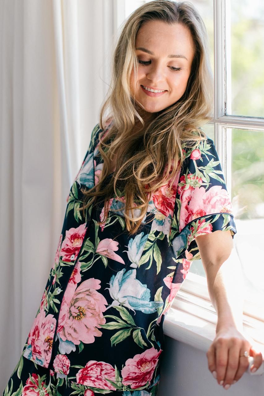 Short Set | Navy and Pink Floral | 100% Rayon