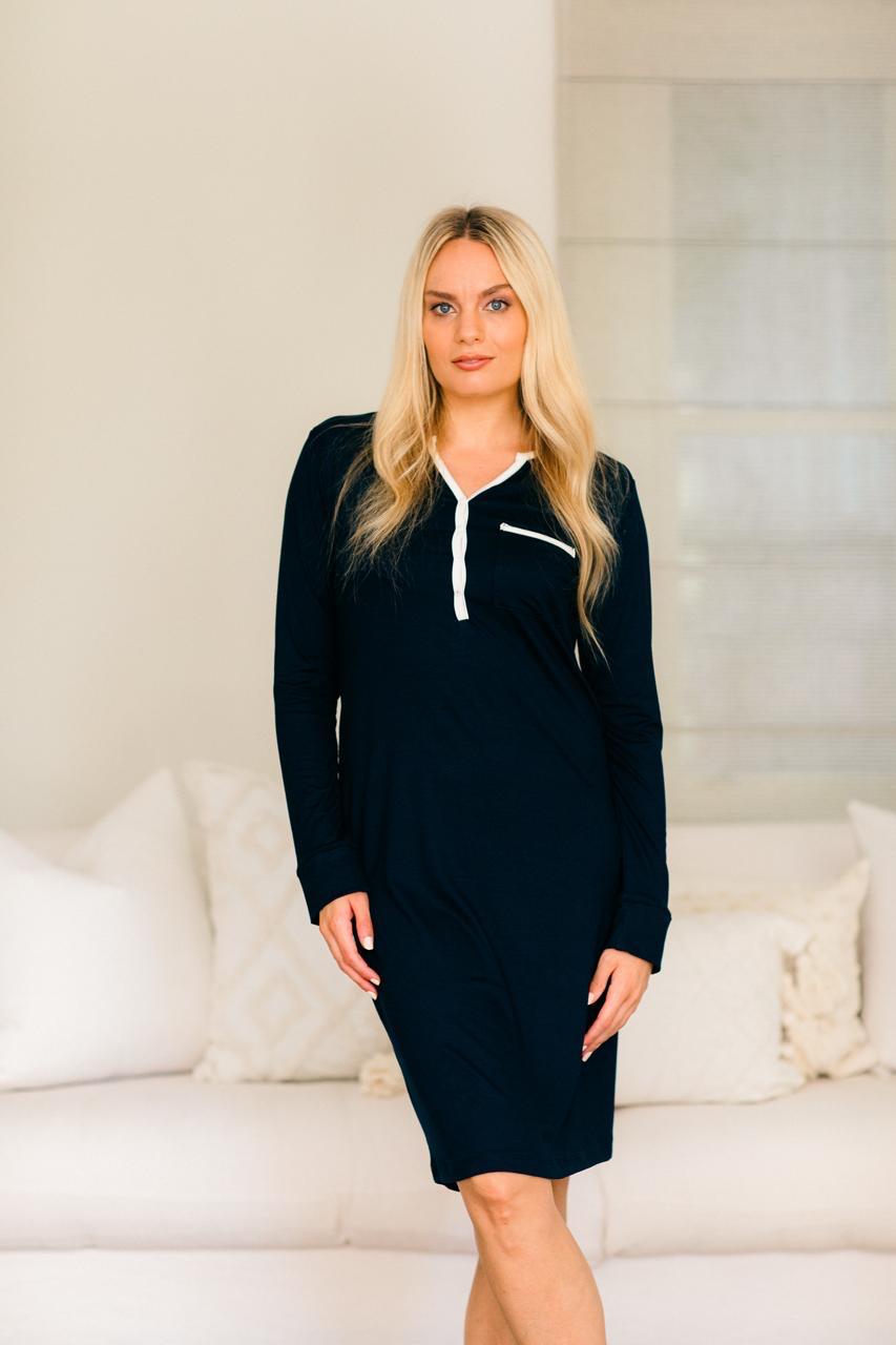 Long Sleeve Sleepshirt | Navy with Contrast Trim | 96% Rayon Knit & 4% Spandex
