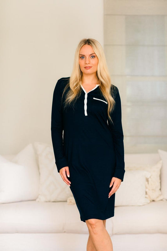 Long Sleeve Sleepshirt | Navy with Contrast Trim | 96% Rayon Knit & 4% Spandex