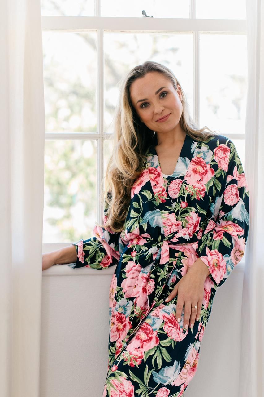 Kimono | Navy and Pink Floral | 100% Rayon