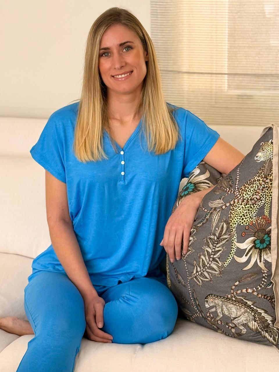Short Sleeve Top with Cuffed Pant | Sea Blue Loungewear | 96% Rayon Knit & 4% Spandex