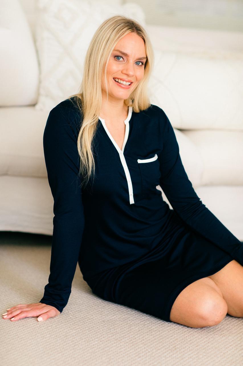 Long Sleeve Sleepshirt | Navy with Contrast Trim | 96% Rayon Knit & 4% Spandex