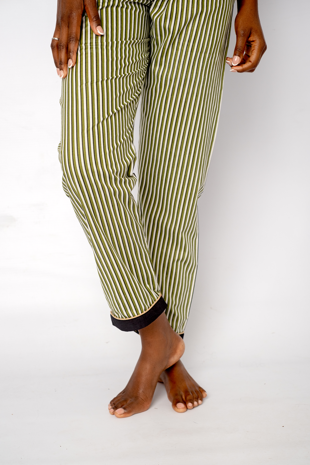 Classic PJ Long Sleeve Top and Long Pant | Black with Green Stripe Contrast | 100% Cotton