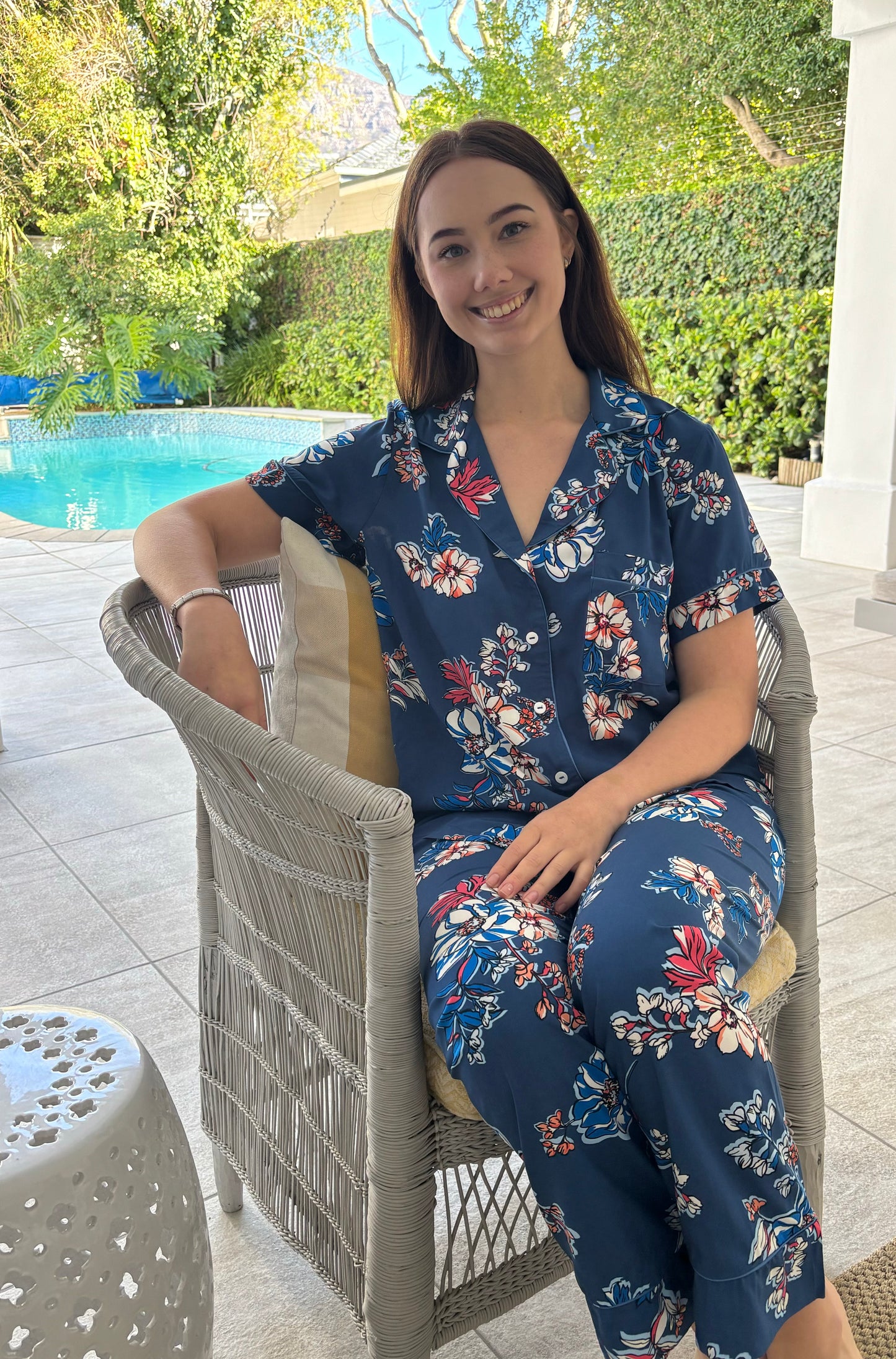 Short Sleeve Top & Ankle Length Pant | True Blue Floral | 100% Rayon