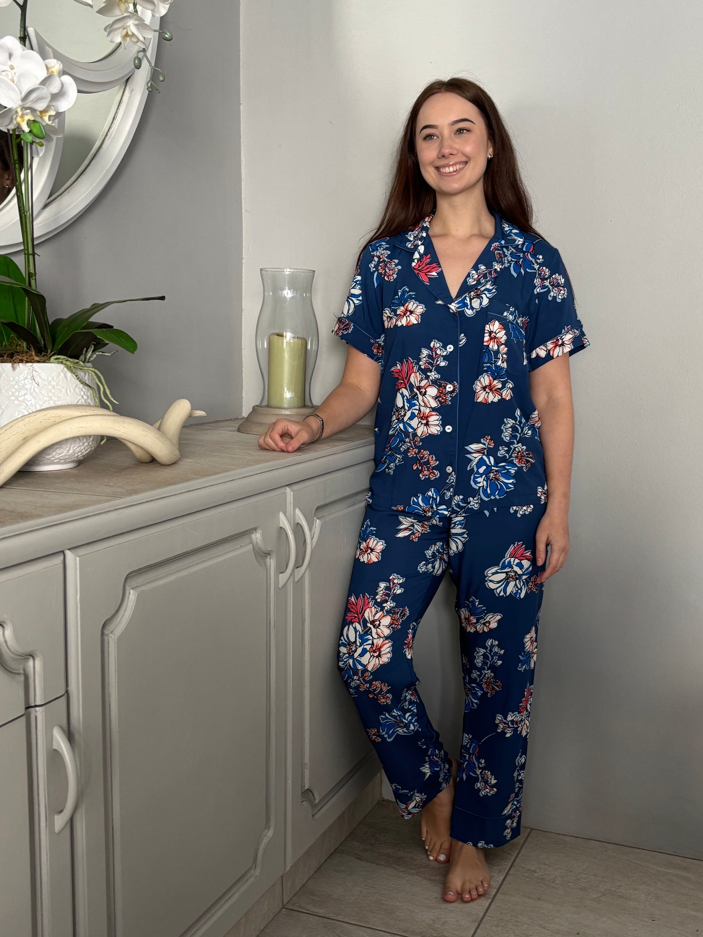 Short Sleeve Top & Ankle Length Pant | True Blue Floral | 100% Rayon