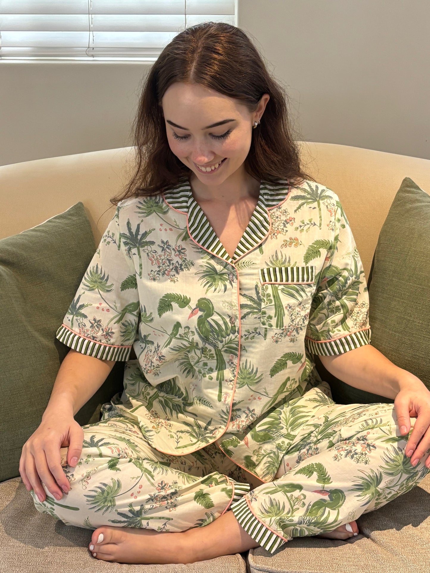 Short Sleeve Top and Long Pant | Green Parrot with Stripe Contrast | 100% Indian Cotton