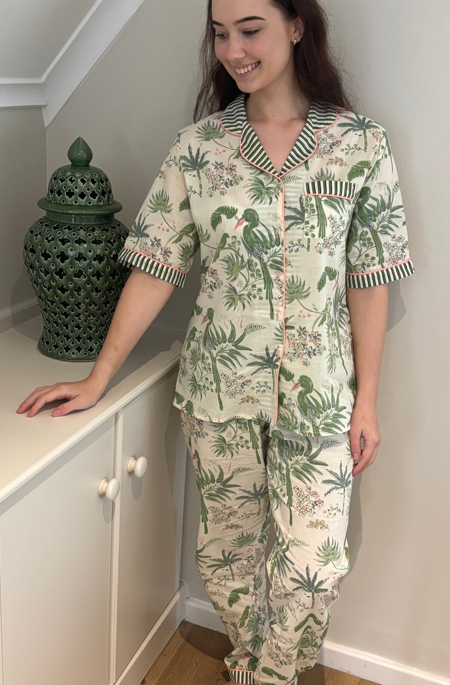 Short Sleeve Top and Long Pant | Green Parrot with Stripe Contrast | 100% Indian Cotton