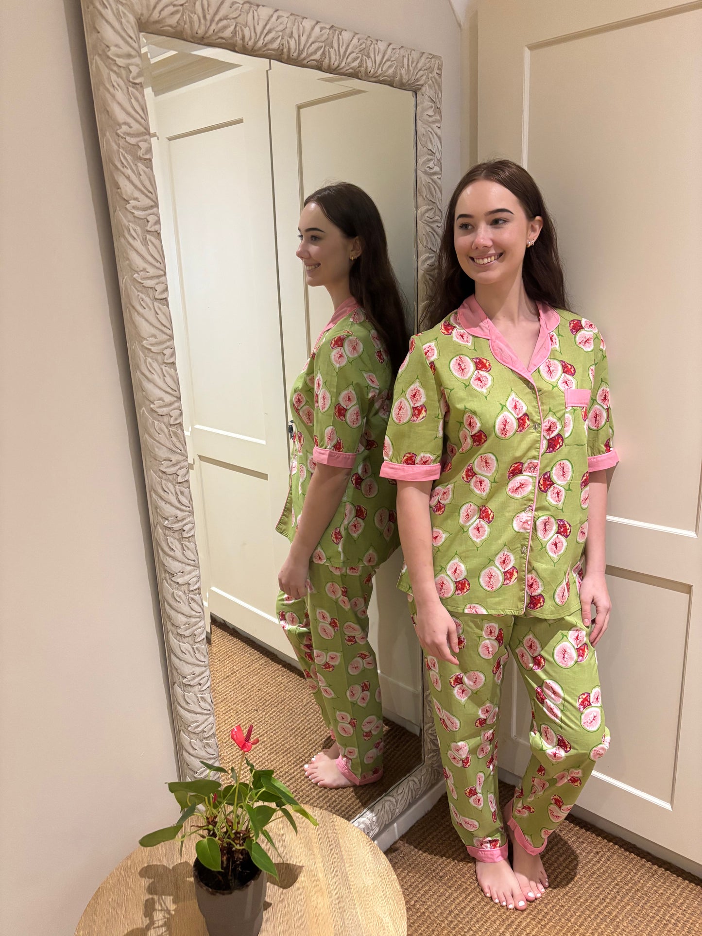 Short Sleeve Top and Long Pant | Green Fig | 100% Indian Cotton