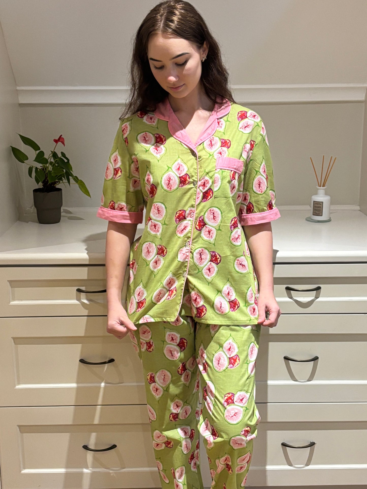 Short Sleeve Top and Long Pant | Green Fig | 100% Indian Cotton