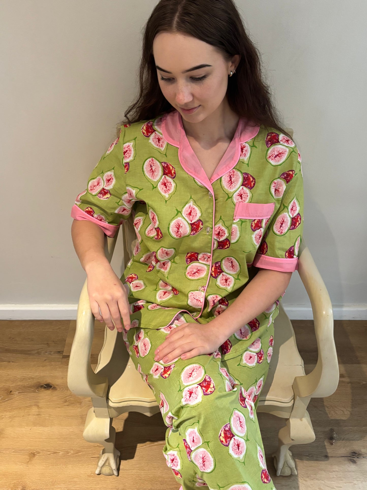 Short Sleeve Top and Long Pant | Green Fig | 100% Indian Cotton