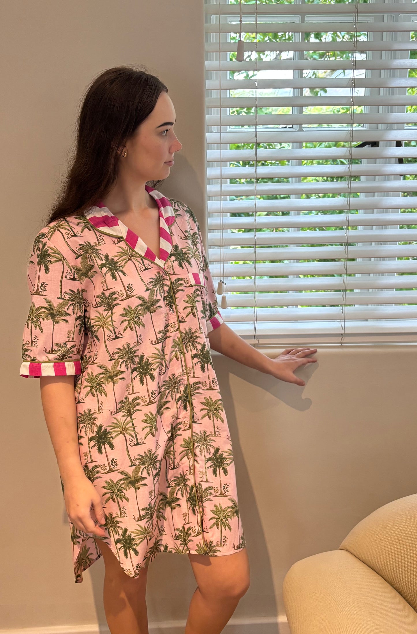 Short Sleeve Sleepshirt | Pink Palms with White and Pink Contrast | 100% Indian Cotton