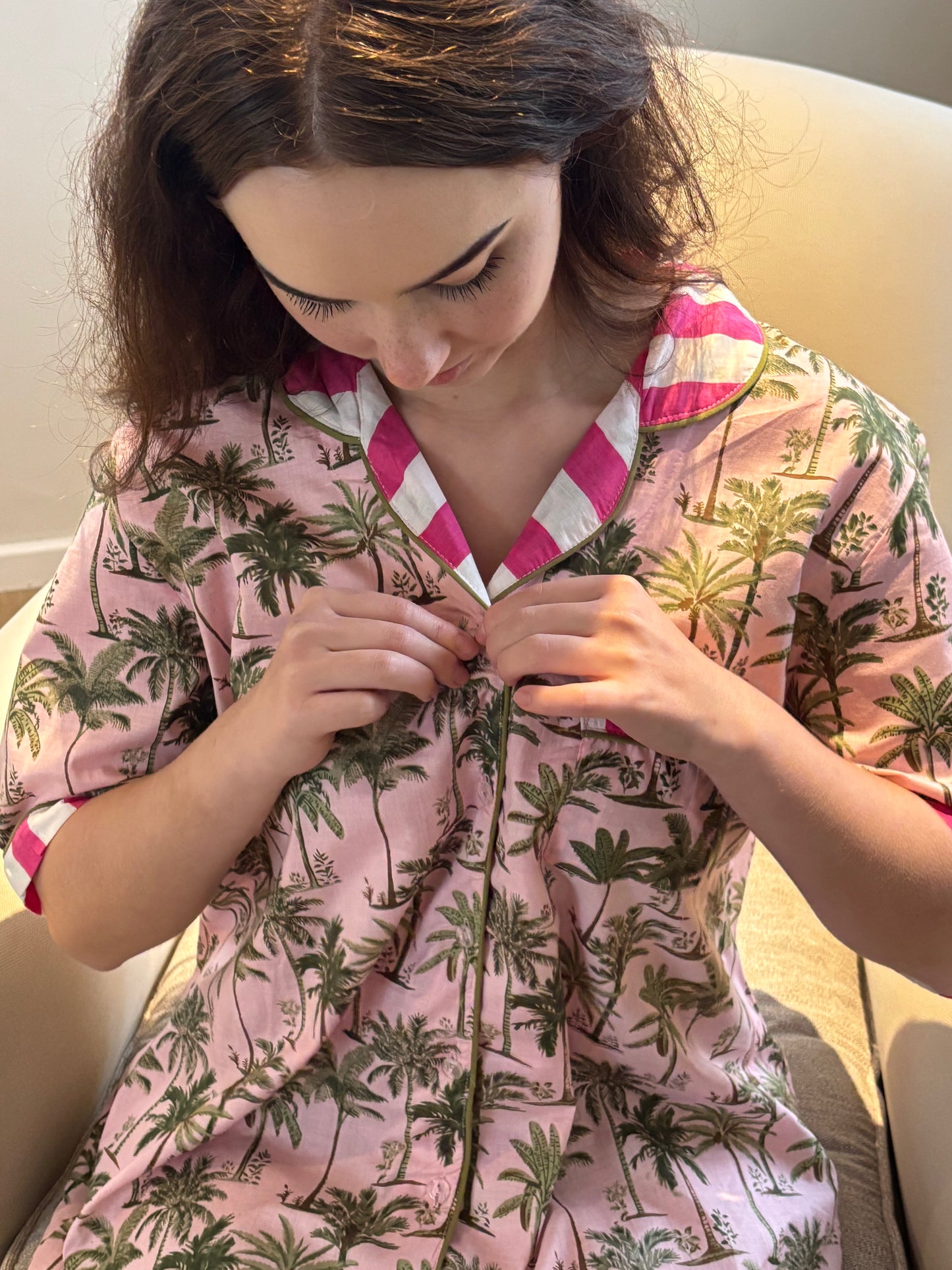 Short Sleeve Sleepshirt | Pink Palms with White and Pink Contrast | 100% Indian Cotton