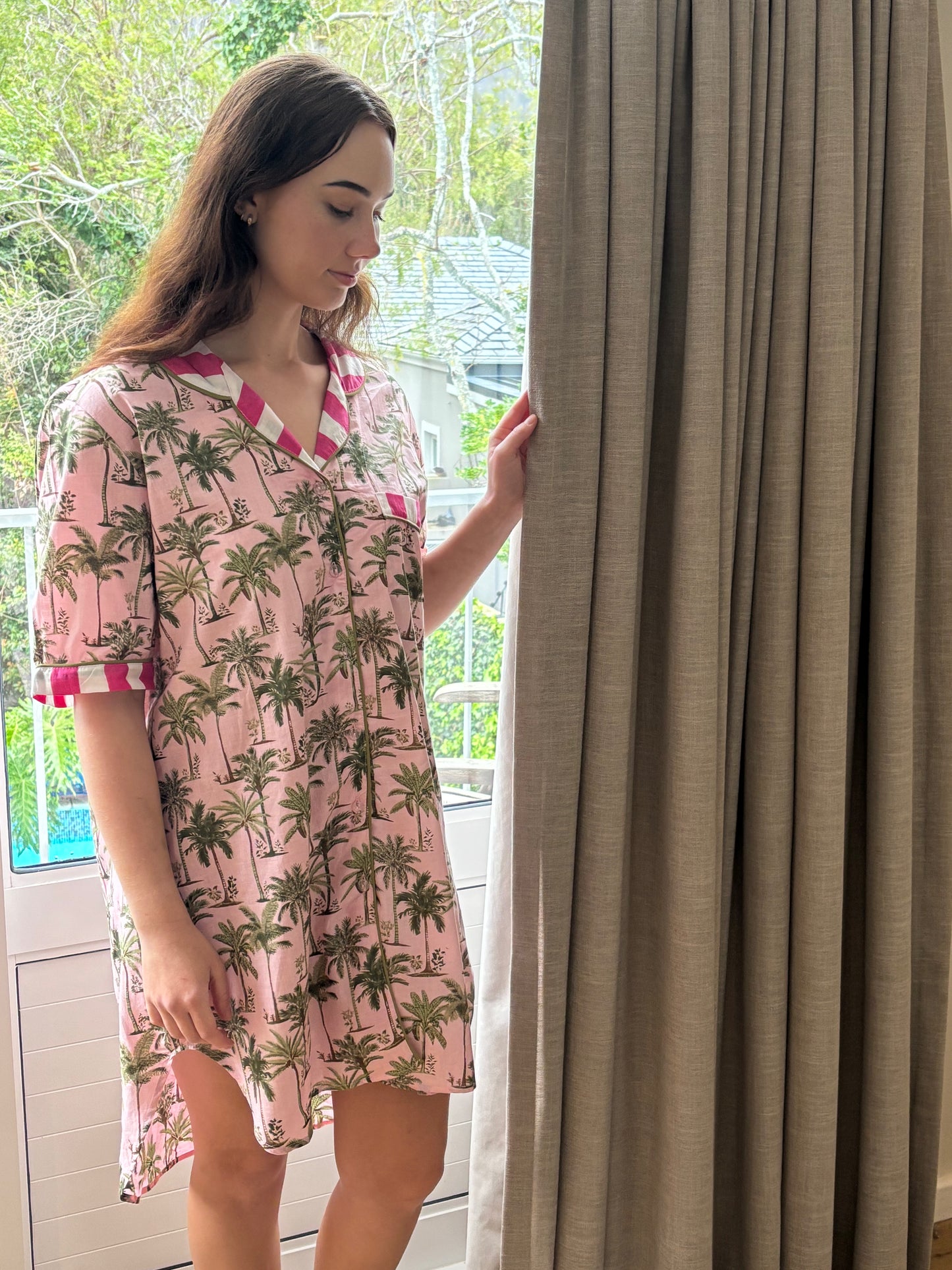 Short Sleeve Sleepshirt | Pink Palms with White and Pink Contrast | 100% Indian Cotton