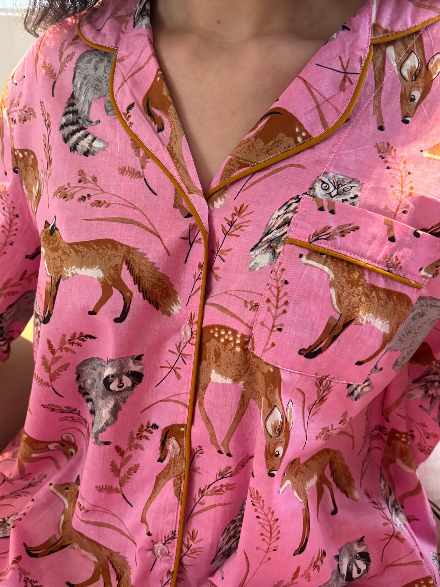 Long Sleeve Sleepshirt | Pink Fox | 100% Indian Cotton