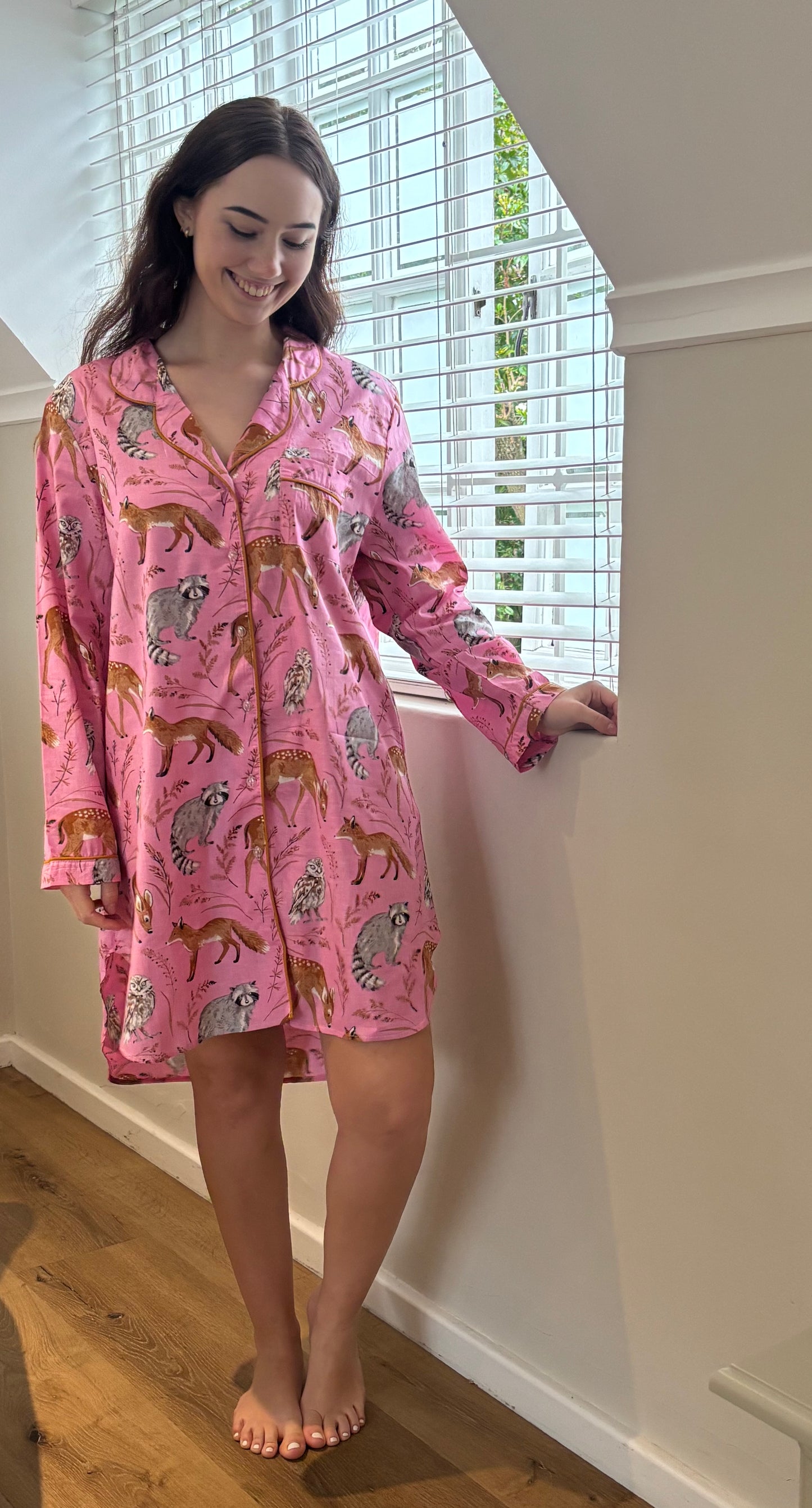 Long Sleeve Sleepshirt | Pink Fox | 100% Indian Cotton