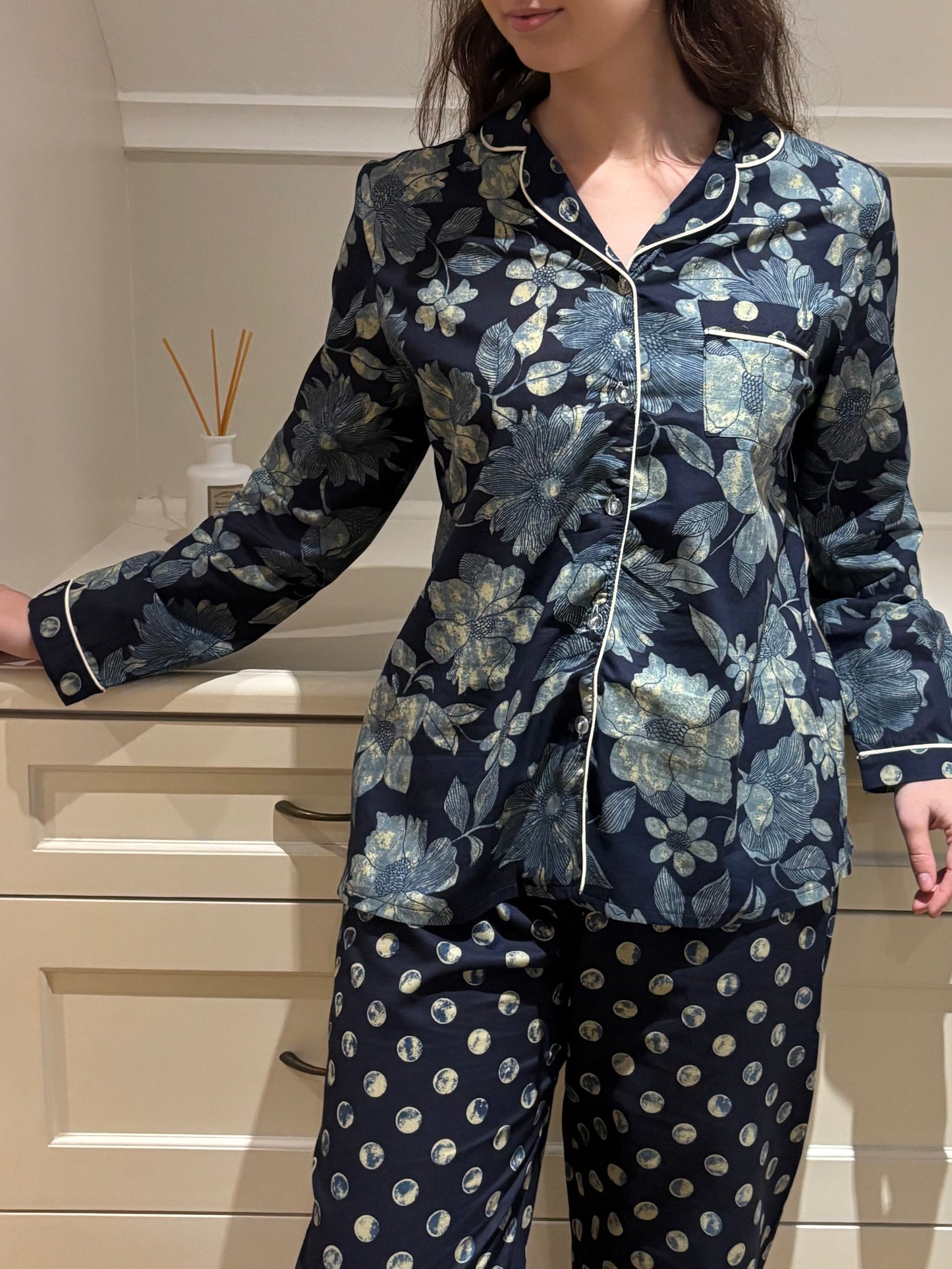 Long Sleeve Top and Long Pant | Navy Floral and Dot Contrast | 100% Indian Cotton