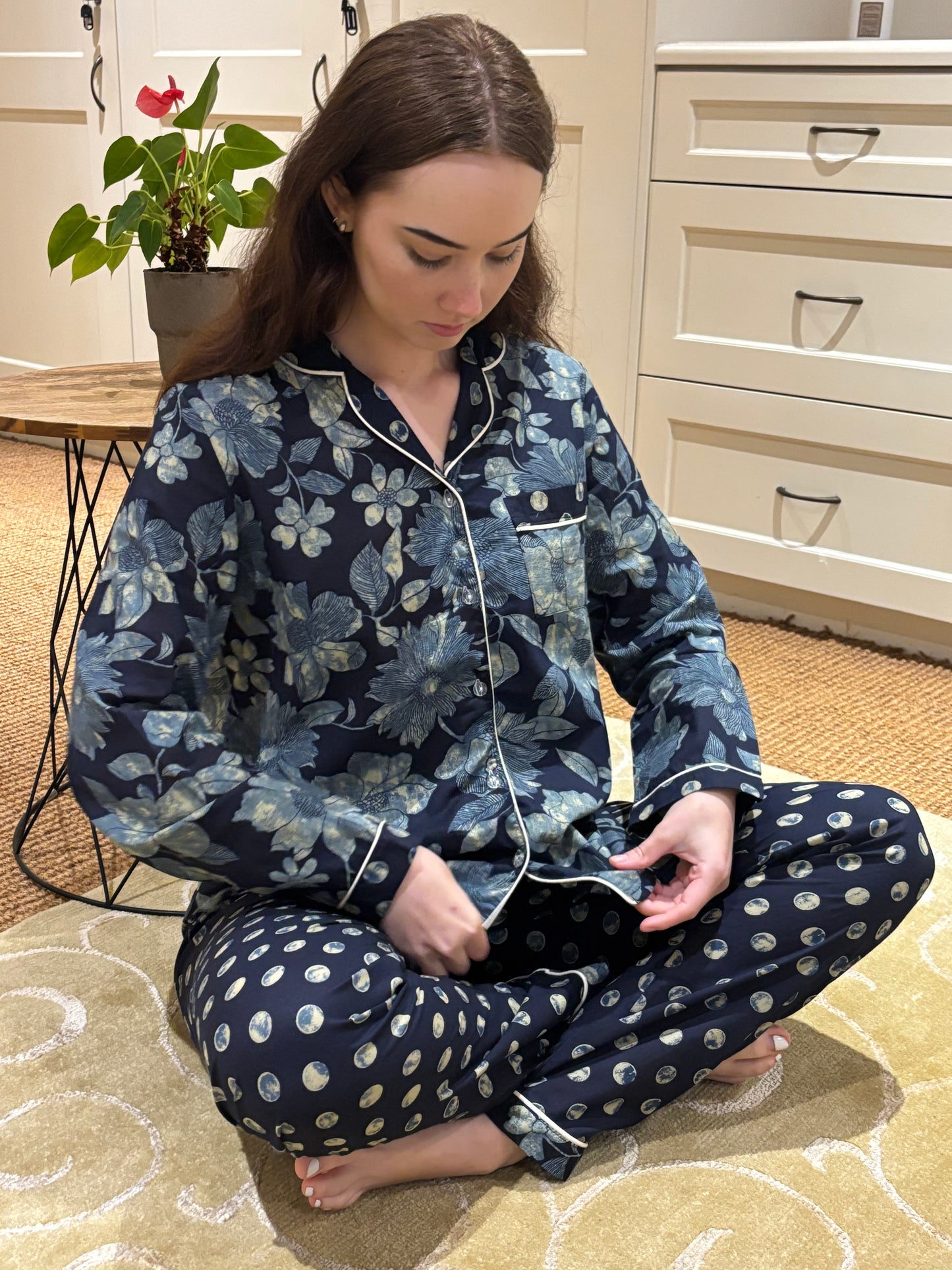 Long Sleeve Top and Long Pant | Navy Floral and Dot Contrast | 100% Indian Cotton