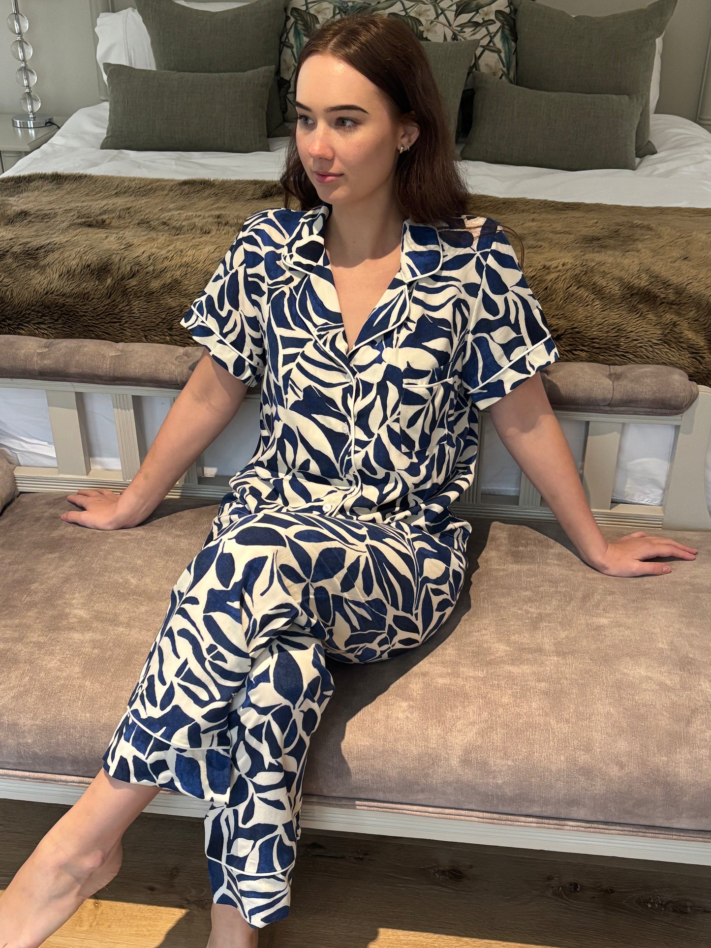Short Sleeve Top & Ankle Length Pant | Navy Ivory Abstract Floral | 100% Rayon