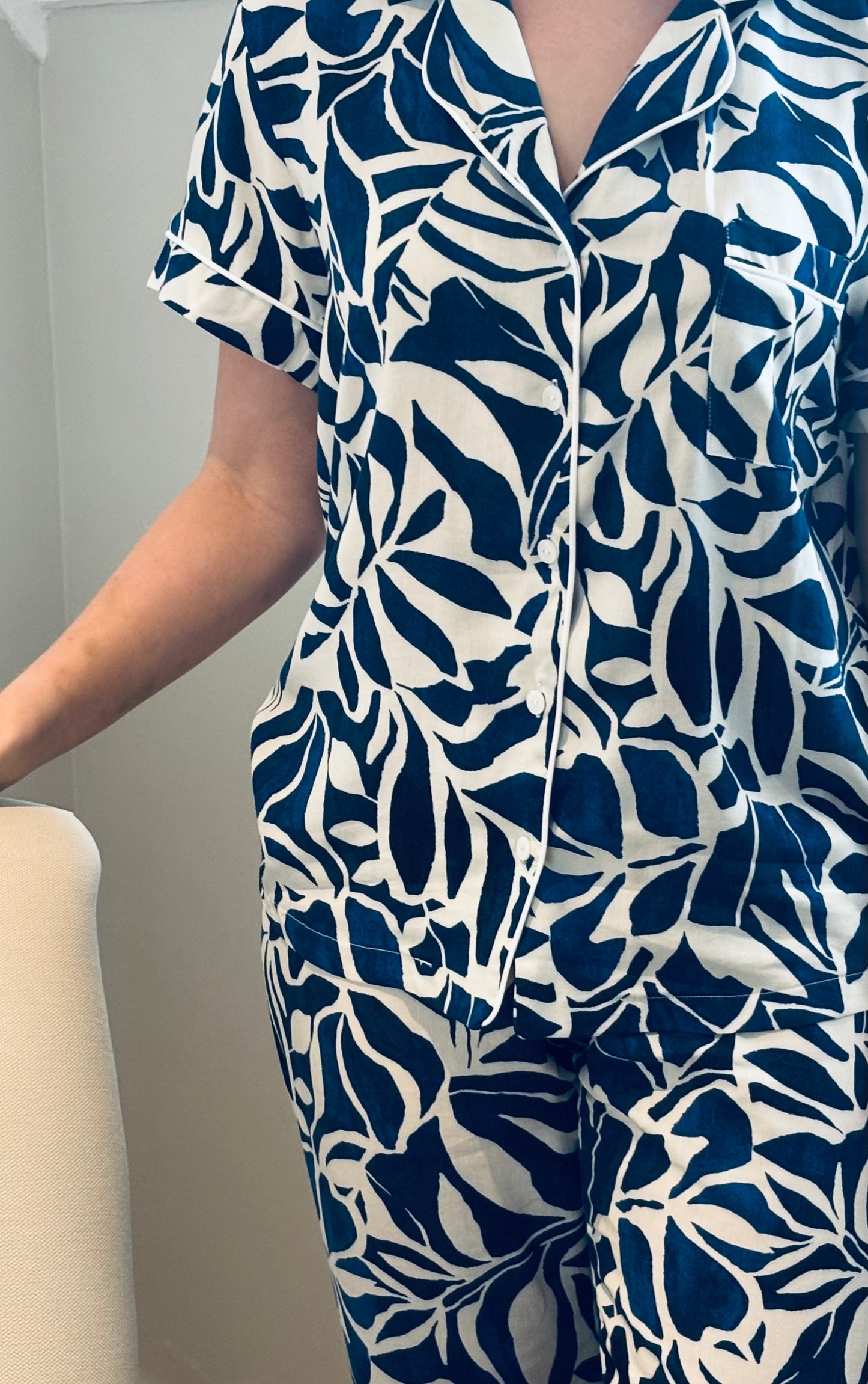 Short Sleeve Top & Ankle Length Pant | Navy Ivory Abstract Floral | 100% Rayon