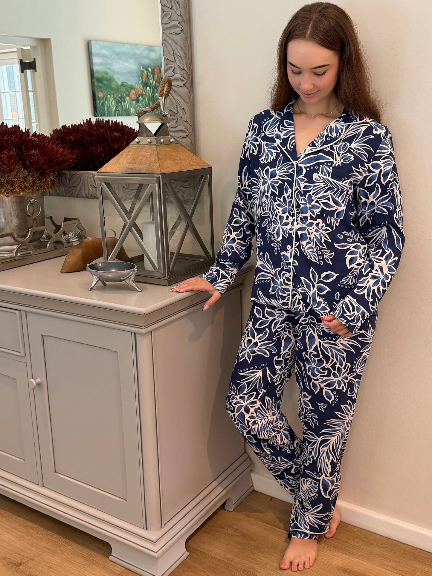 Long Sleeve Top & Long Pant |Blue Floral | 100% Rayon