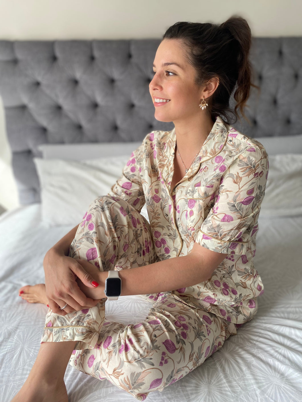 Purple Pomegranate Classic Indian Cotton Pjs - Short Sleeve Top and Long Pant