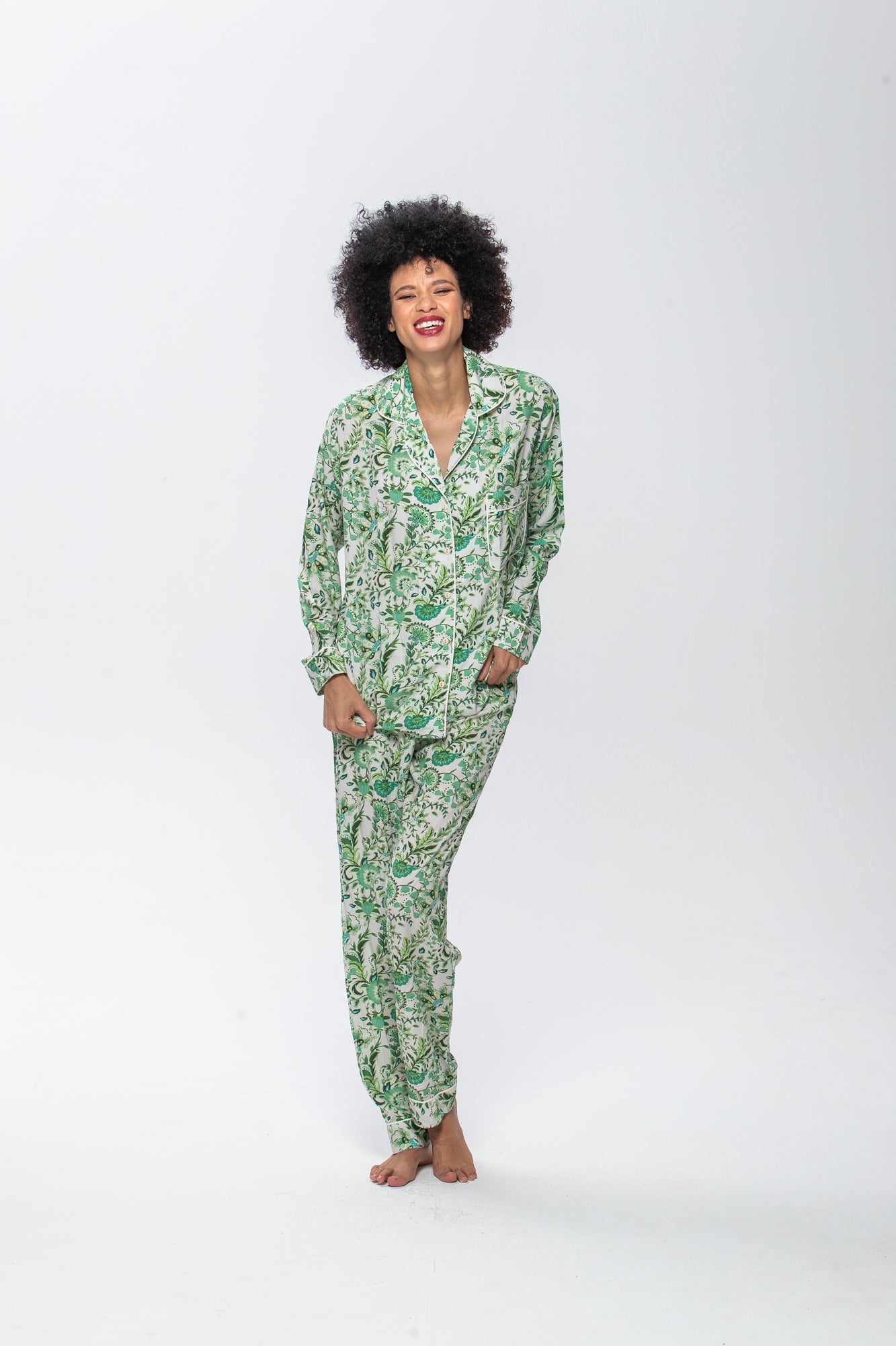 Long Sleeve Top & Pants | Green Floral Leaves | 100% Rayon