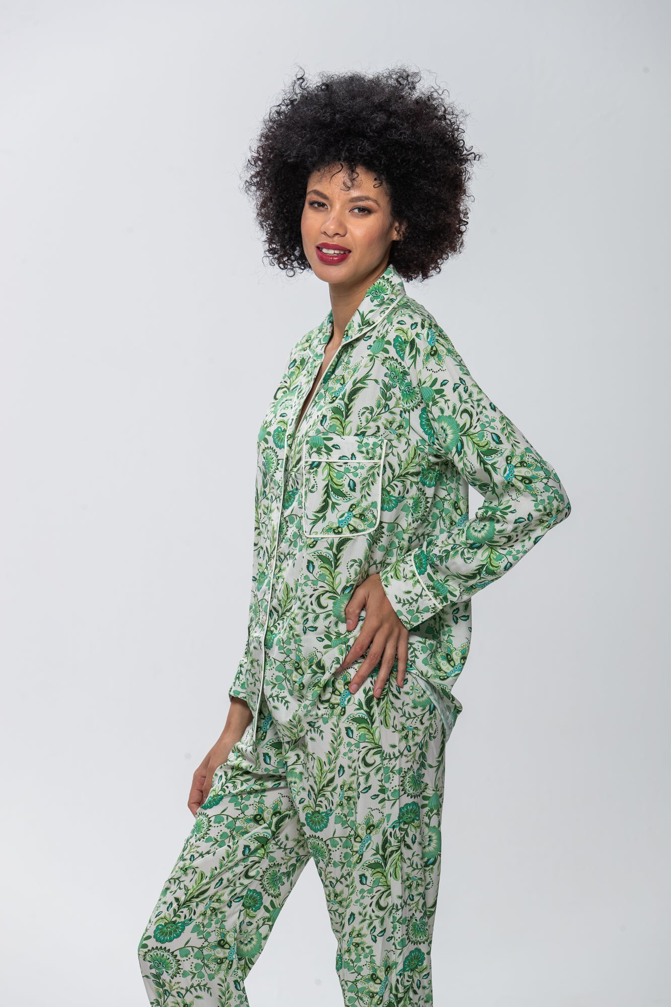 Long Sleeve Top & Pants | Green Floral Leaves | 100% Rayon