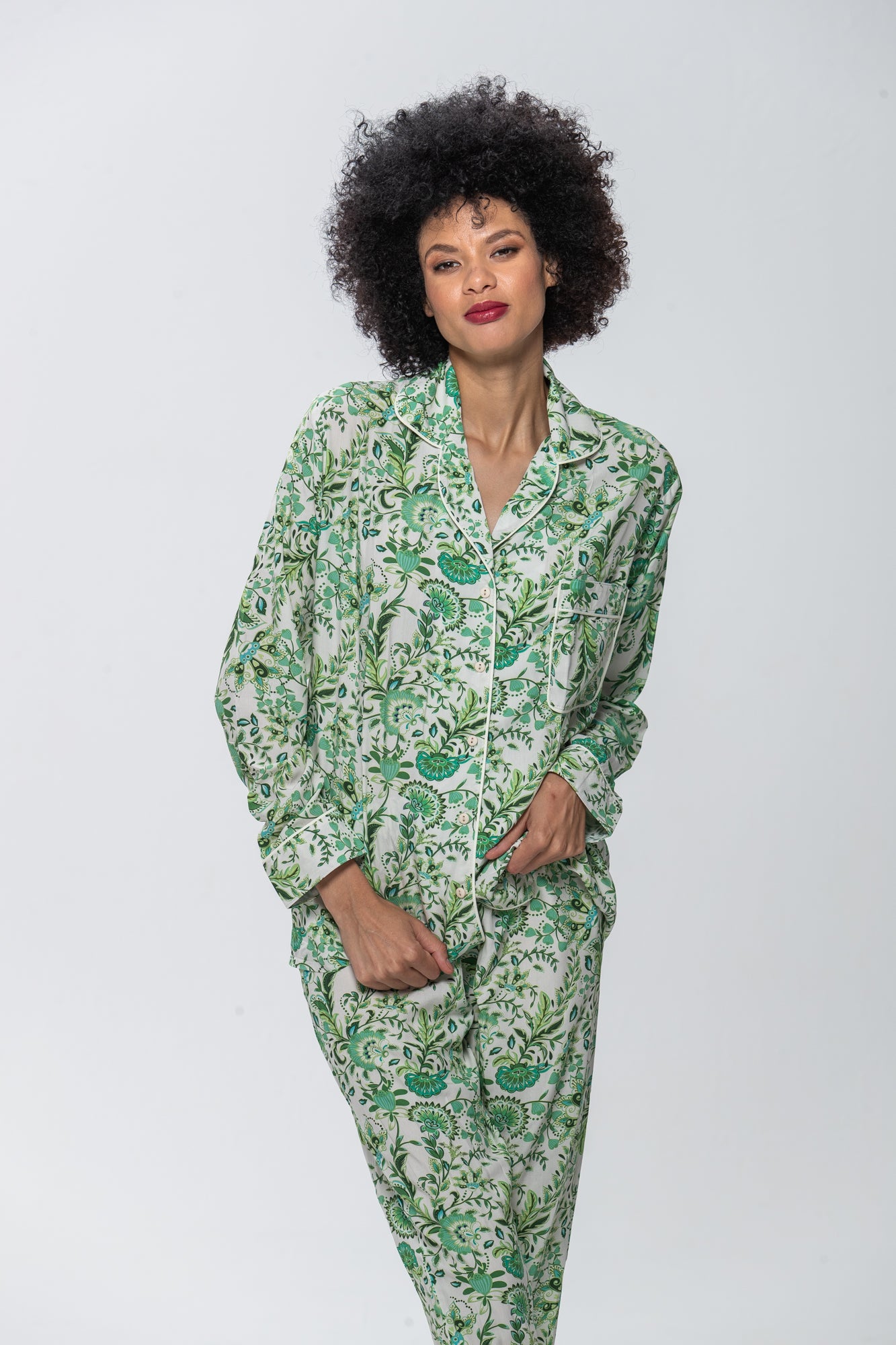 Long Sleeve Top & Pants | Green Floral Leaves | 100% Rayon