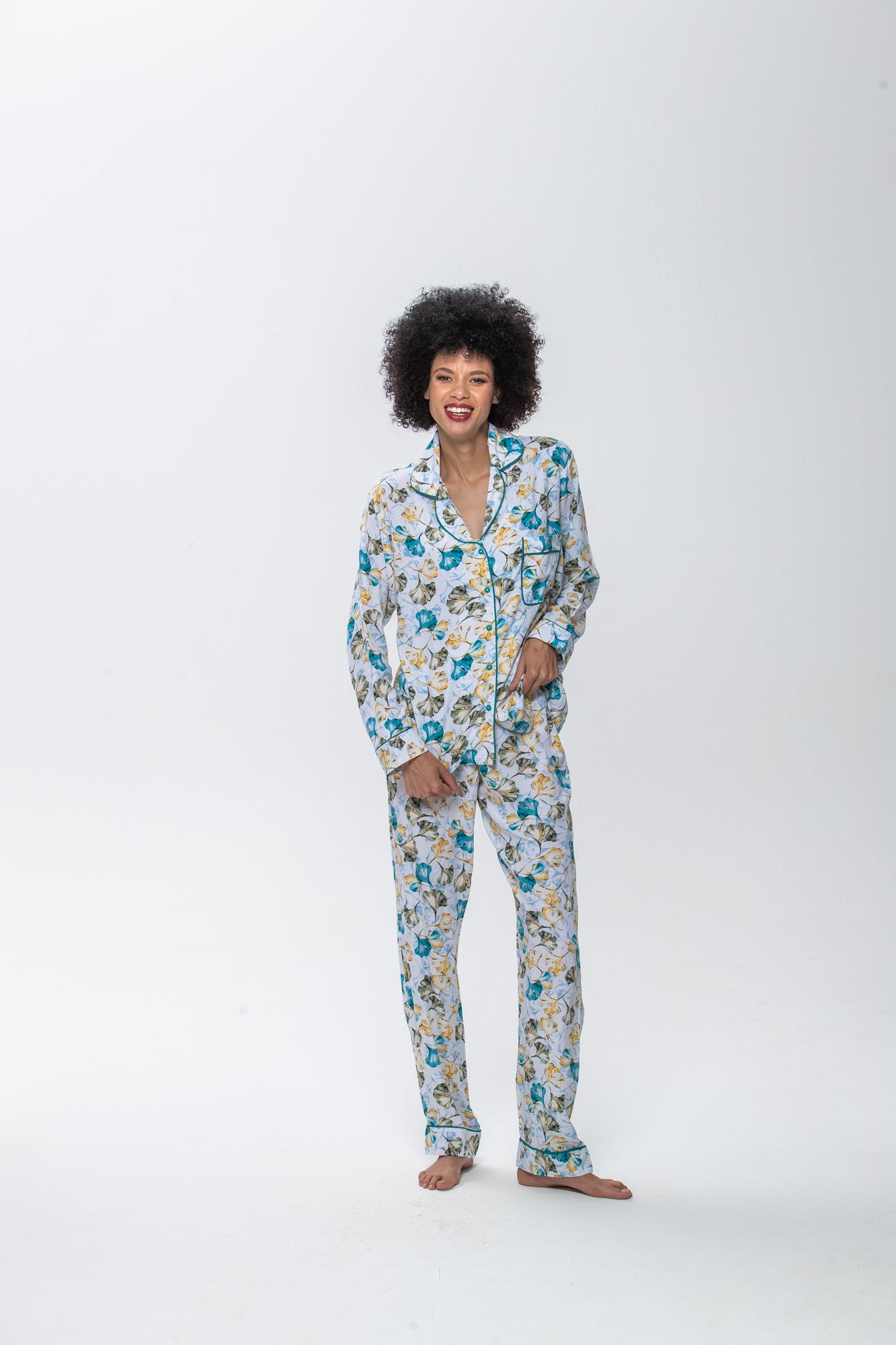 Long Sleeve Top & Pants | Gold and Blue Fan Flower | 100% Rayon