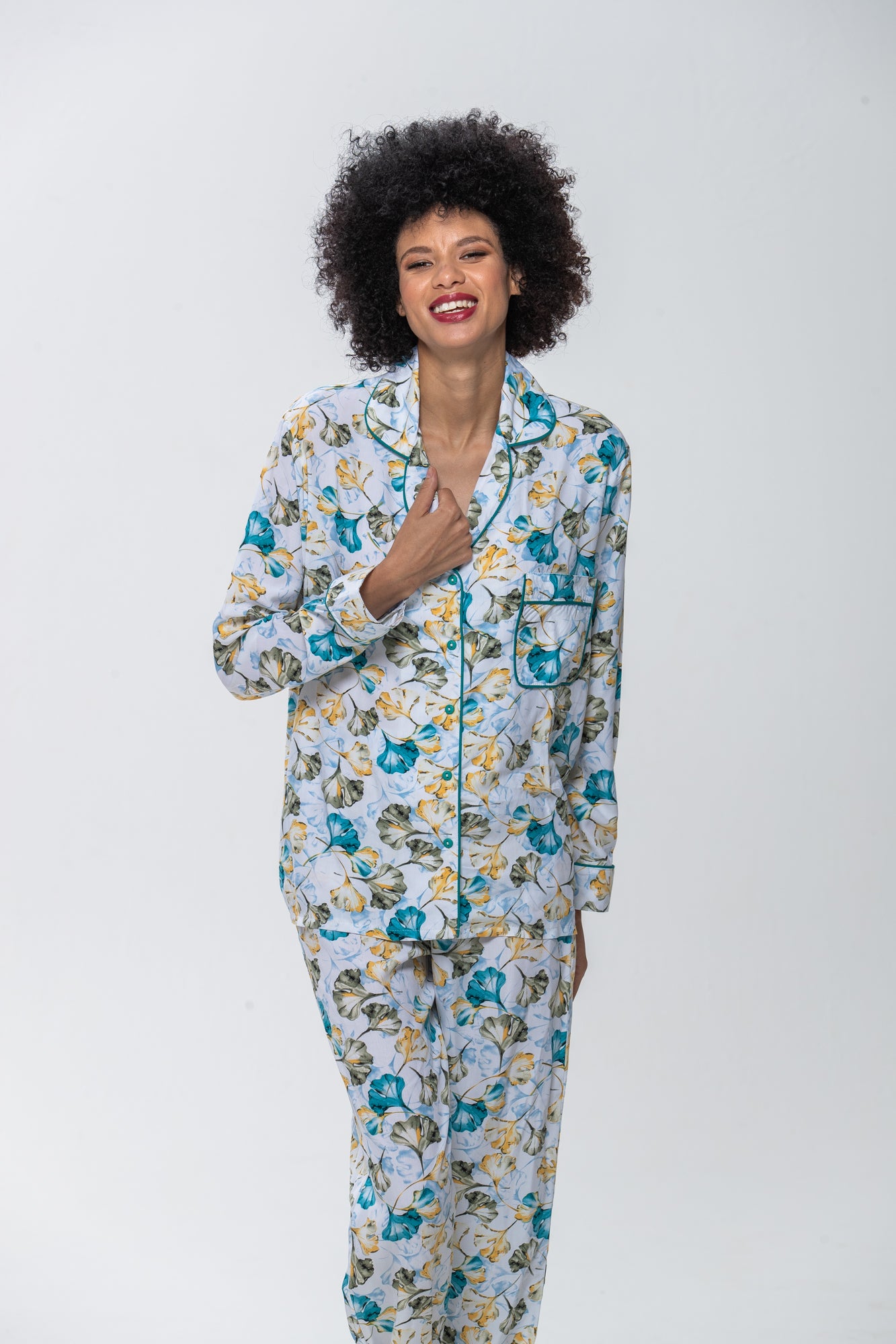 Long Sleeve Top & Pants | Gold and Blue Fan Flower | 100% Rayon