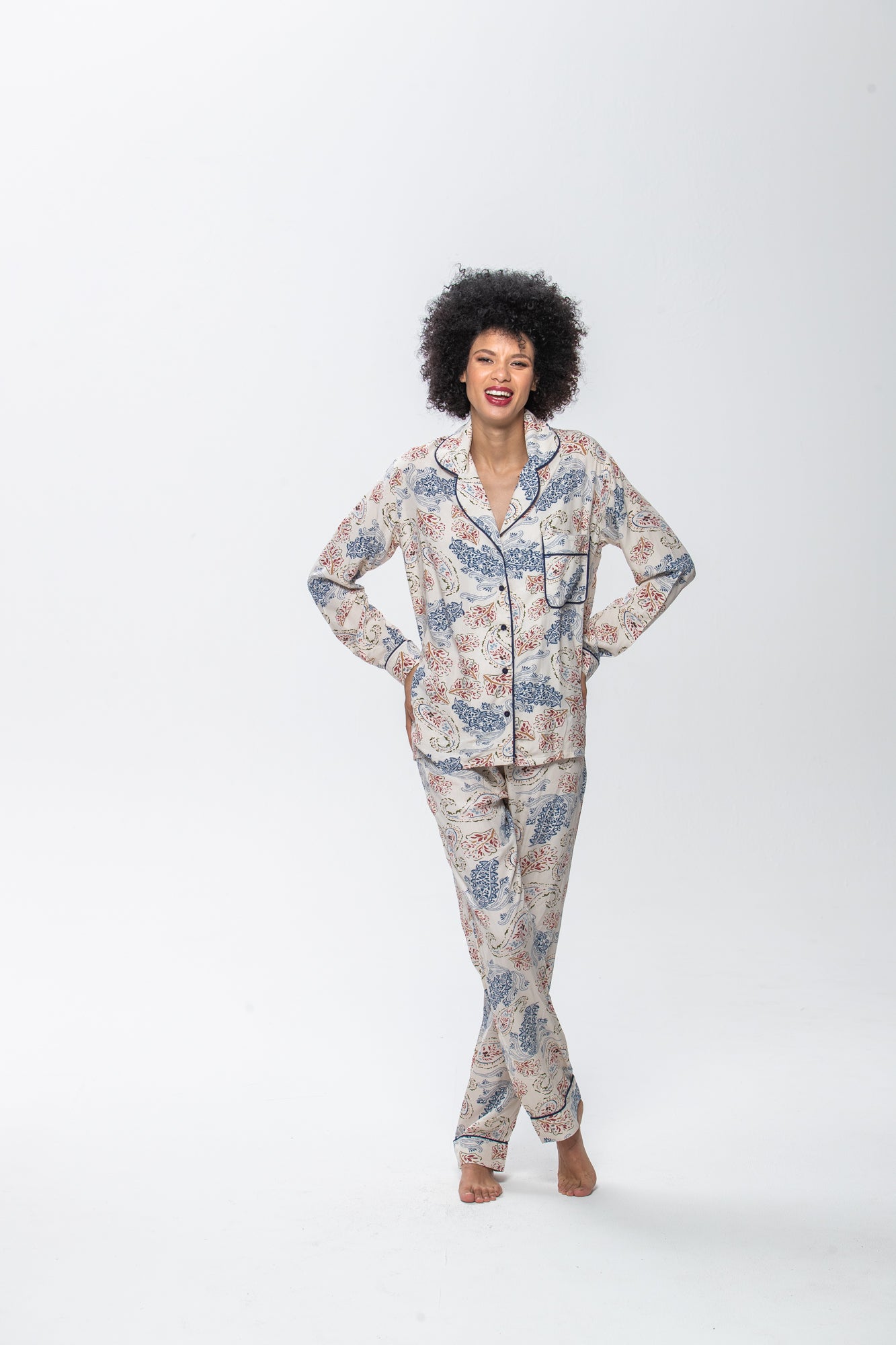 Long Sleeve Top & Pants | Blue & Red Paisley | 100% Rayon