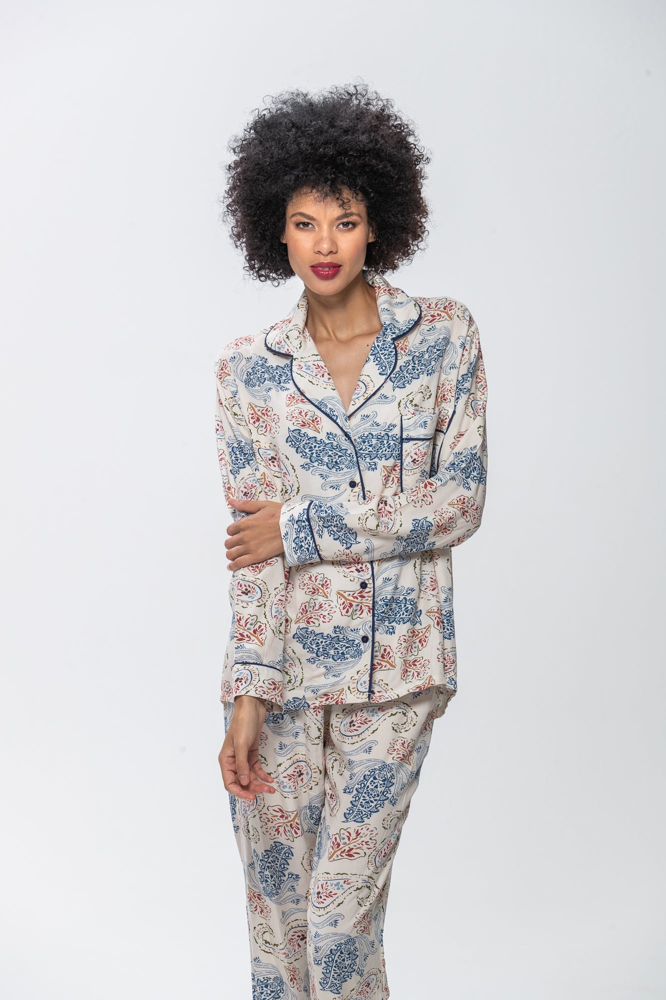 Long Sleeve Top & Pants | Blue & Red Paisley | 100% Rayon