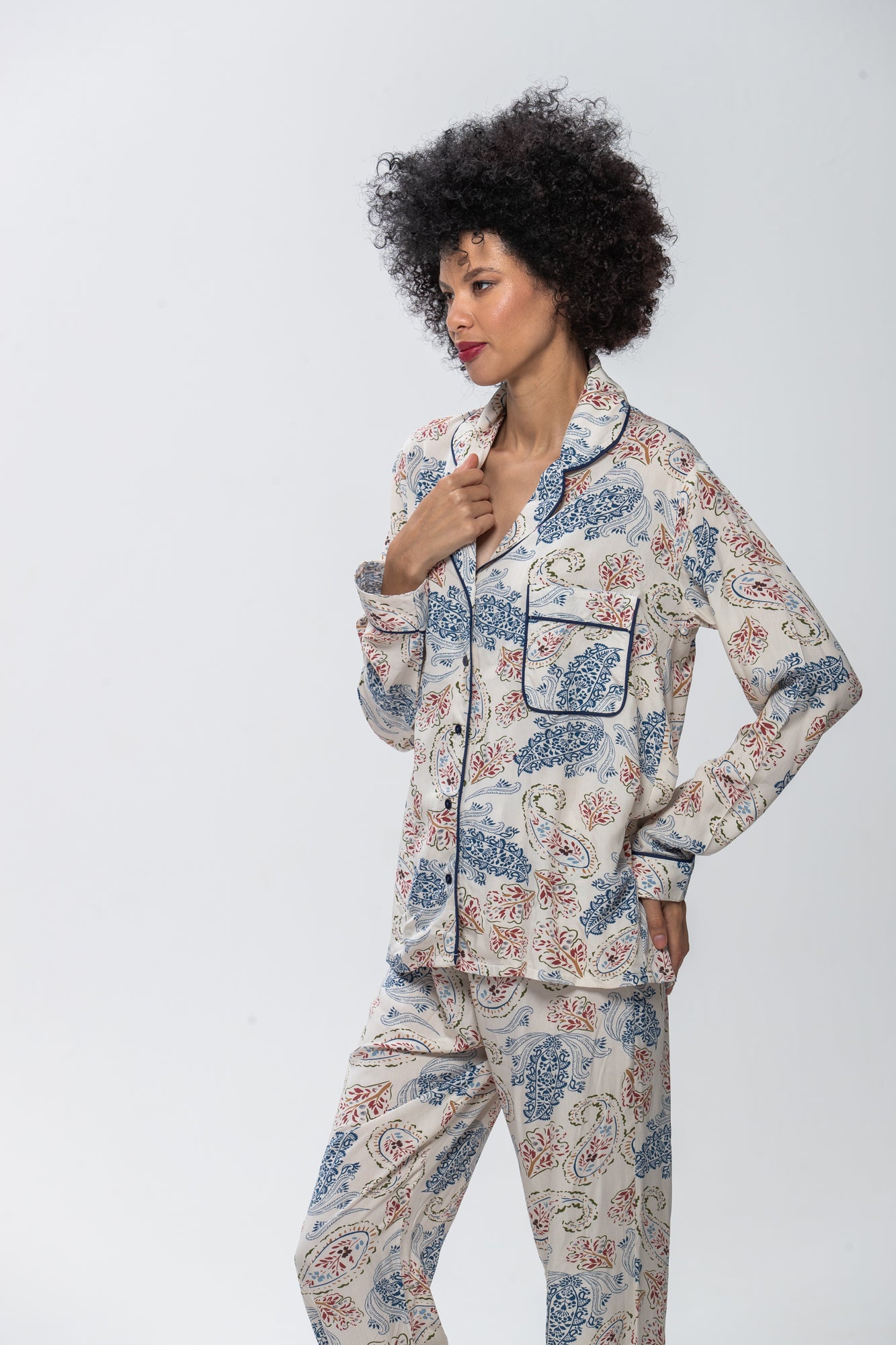 Long Sleeve Top & Pants | Blue & Red Paisley | 100% Rayon