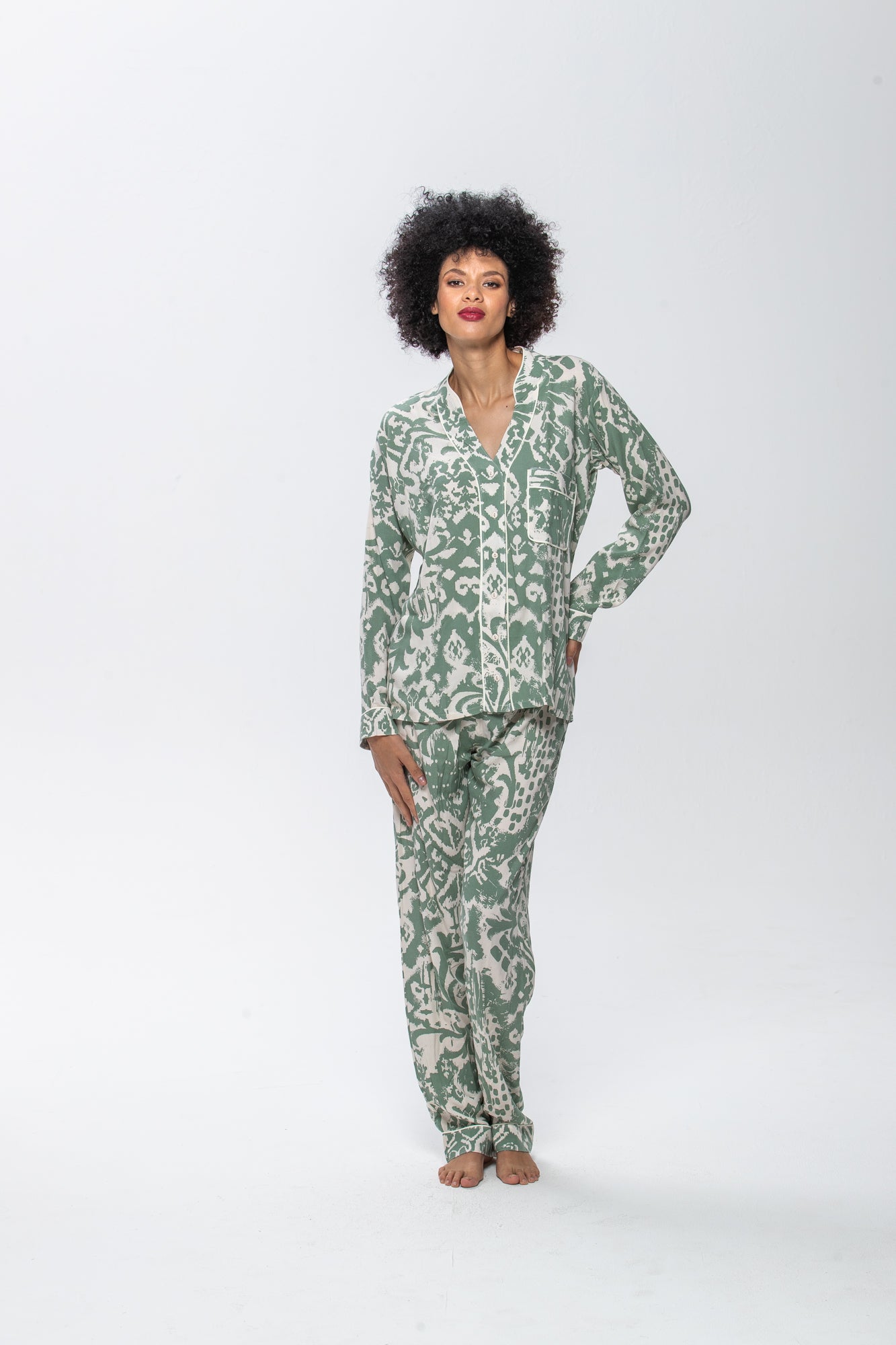 Long Sleeve Mandarin Top & Long Pant | Sage and White | 100% Rayon
