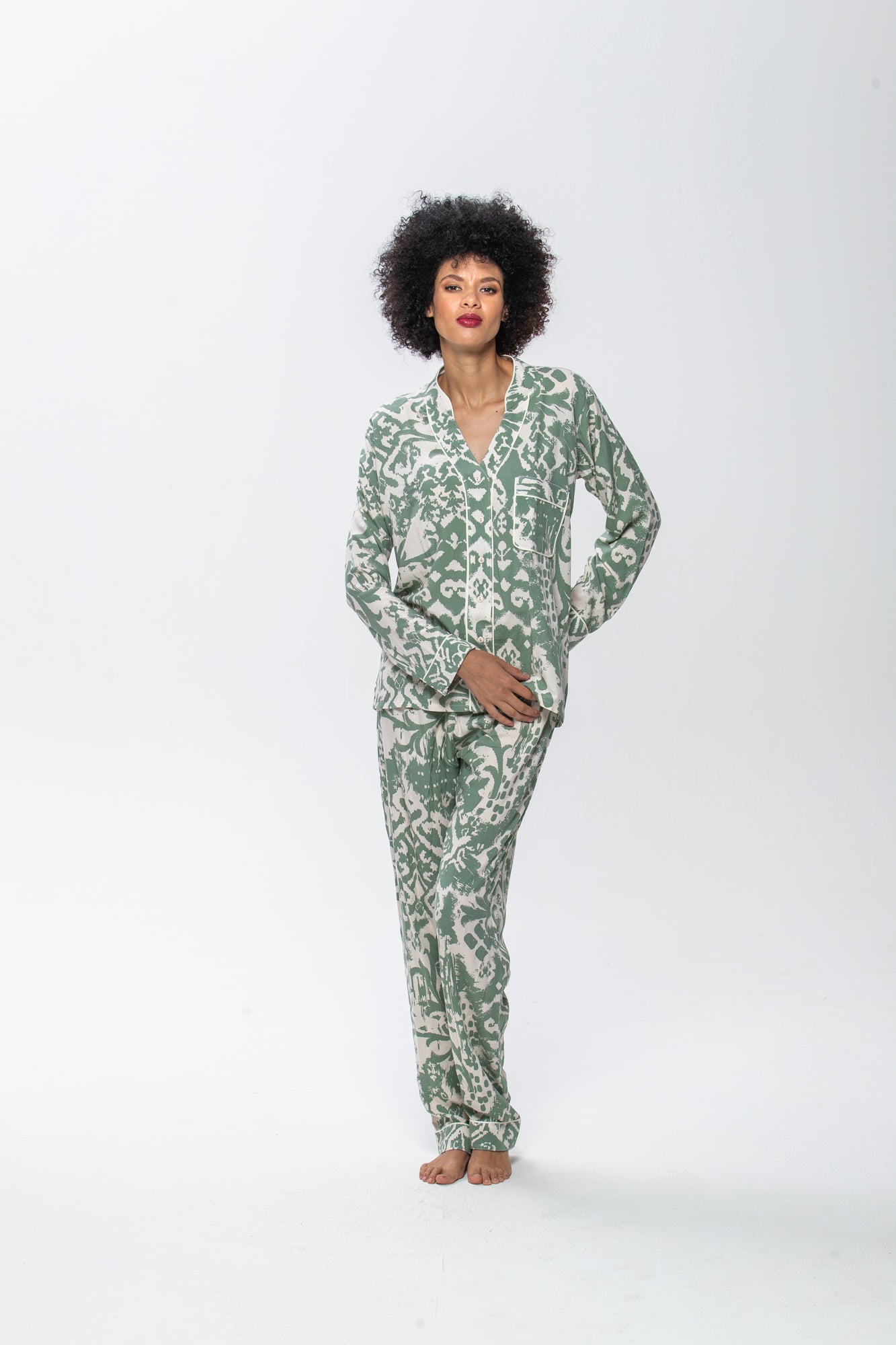 Long Sleeve Mandarin Top & Long Pant | Sage and White | 100% Rayon