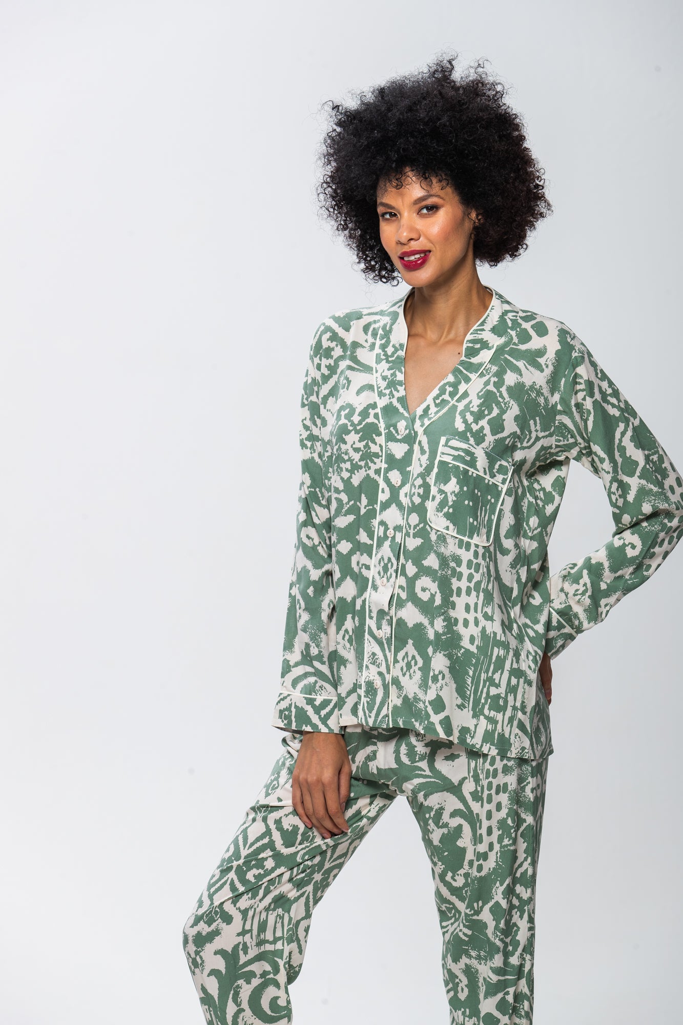 Long Sleeve Mandarin Top & Long Pant | Sage and White | 100% Rayon