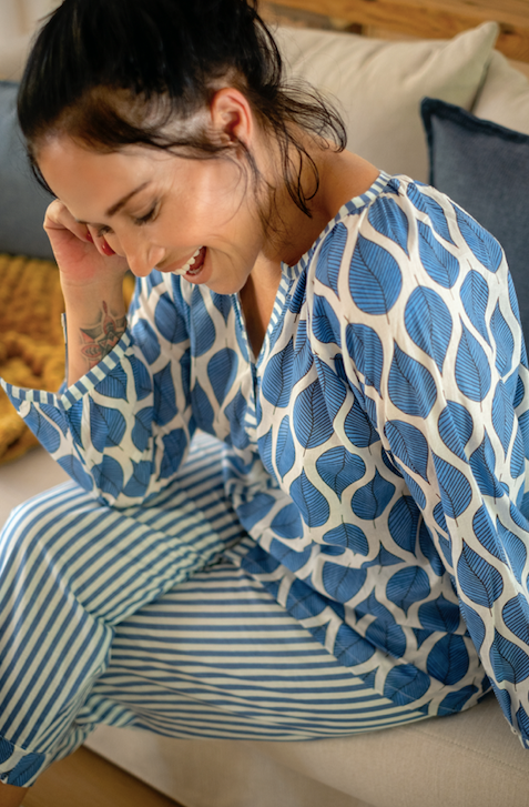 3/4 Sleeve Top and Long Pant | Blue Leaves with Contrast Pant | 100% Indian Cotton