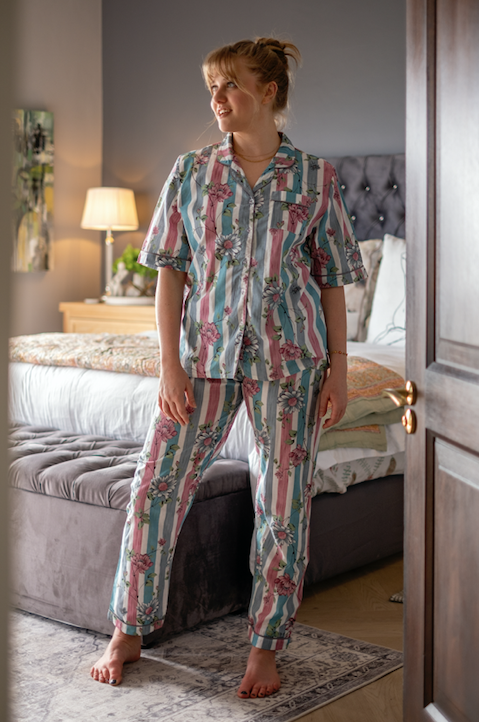 Short Sleeve Top and Long Pant | Grey and Pink Floral Stripes | 100% Indian Cotton